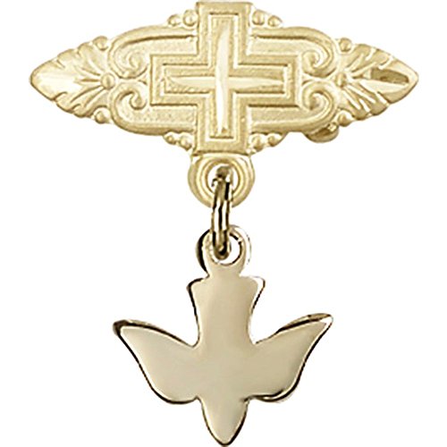 7/8 X 3/4 Inch Gold Filled Baby Badge with Holy Spirit Charm & Cross Pin - Perfect for Christening, Baptism & First Communion Gifts