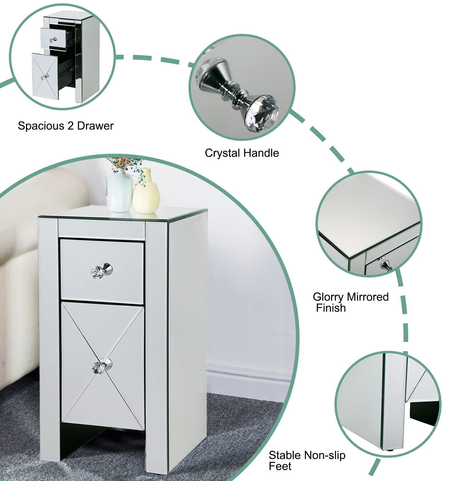 Silver Glass Mirrored Nightstand with 2 Drawers - Modern Bedside Table with Storage for Bedroom & Living Room | Perfect for Small Spaces, Apartment Decor & Guest Rooms