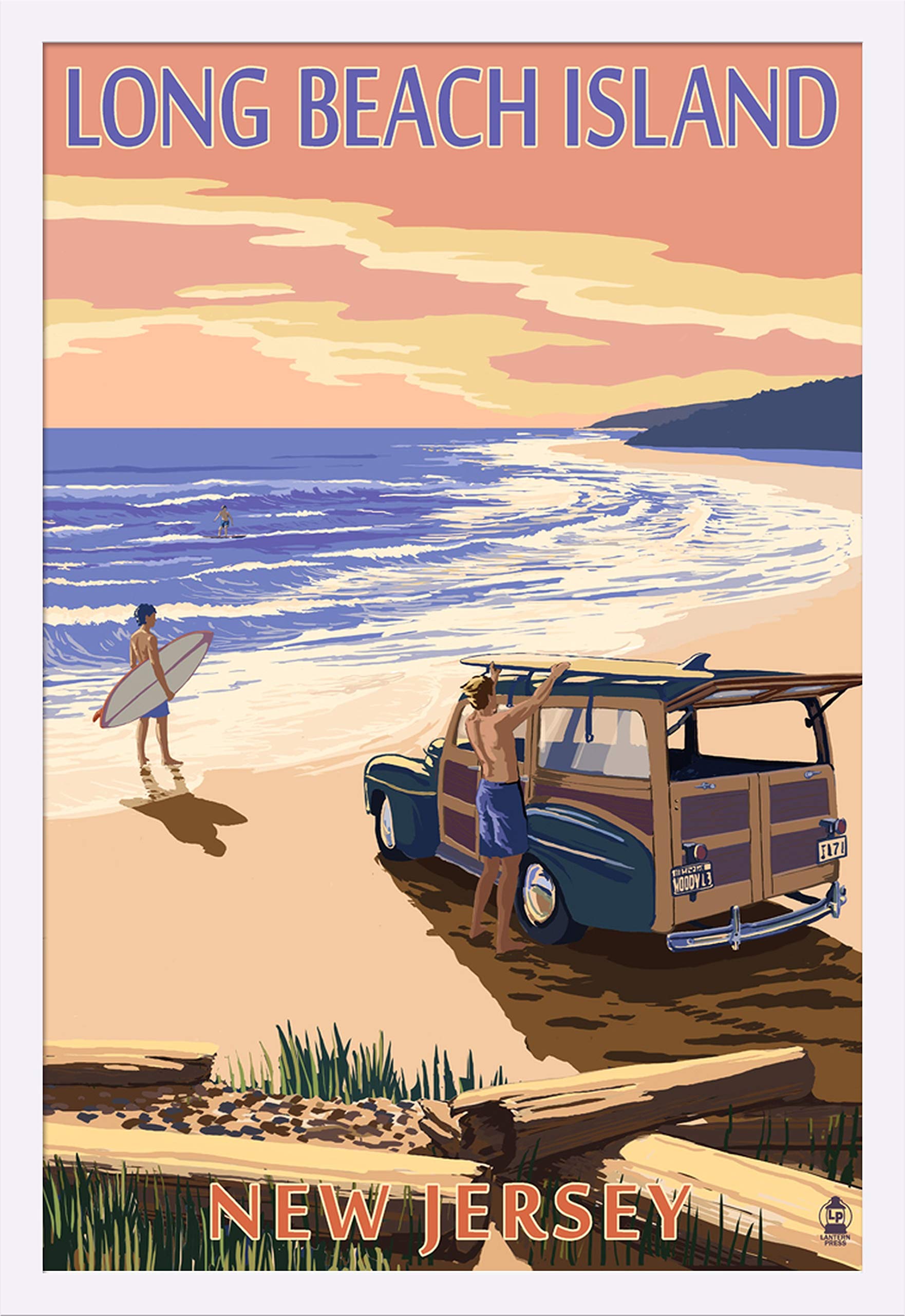 Long Beach Island New Jersey Woody on Beach 44236 - 24x36 Giclee Art Print Gallery Framed in White Wood - Coastal Wall Decor for Living Room, Bedroom & Office