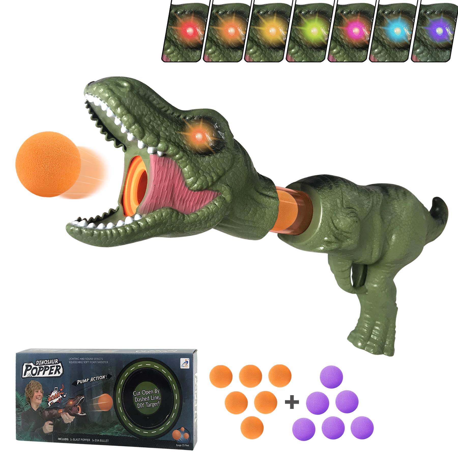 MOLOVIT T-Rex Dinosaur Toy Gun for Kids - Electronic Shooting Game with LED Lights & Roaring Sounds, Foam Ball Blaster with 12 Safe Ammo - Best Dinosaur Gift for Boys & Girls Ages 4-10 - Perfect for Indoor Play, Birthday Parties & Pretend Play Adventures (Green)