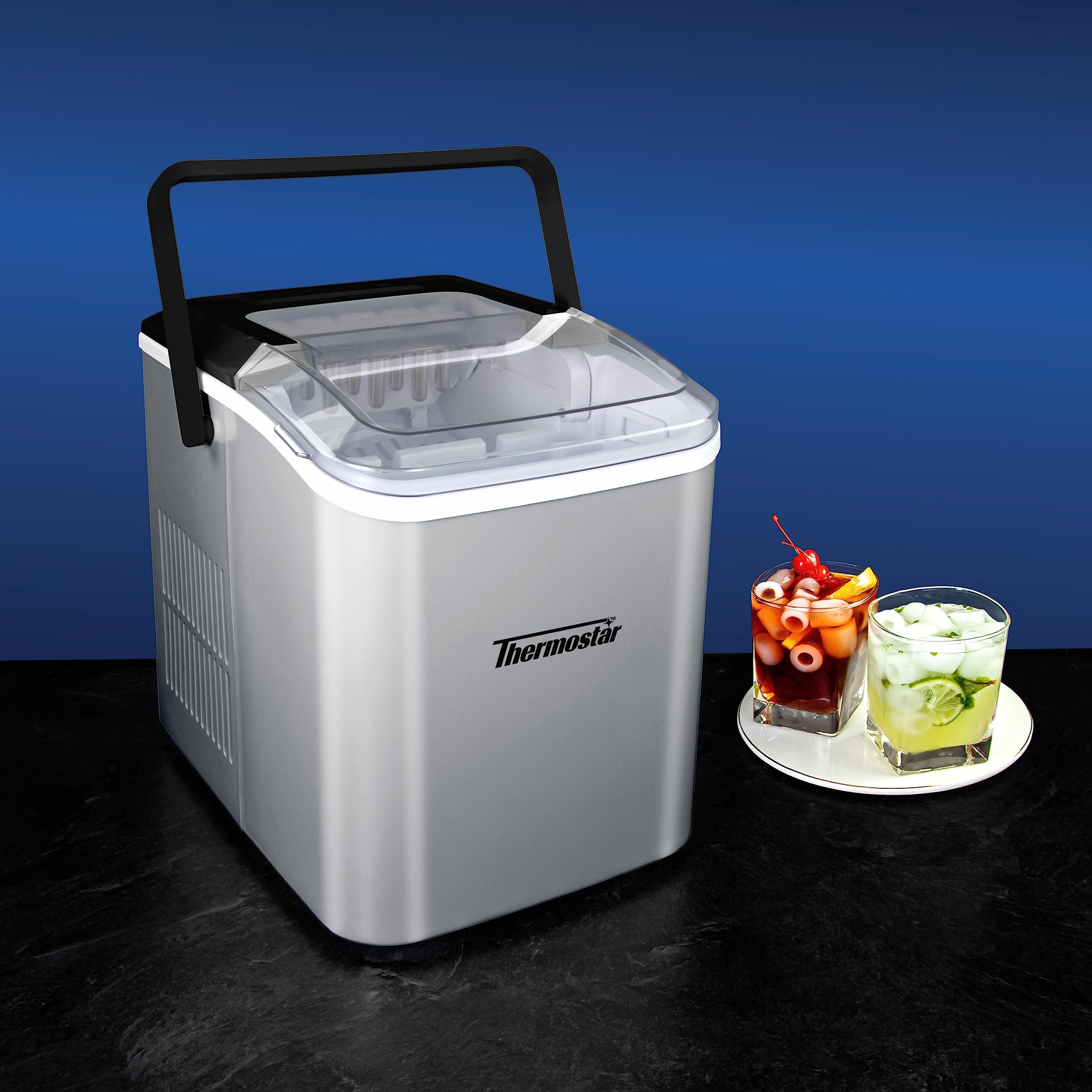 Nostalgia Thermostar Automatic Self-Cleaning Portable Electric Countertop Ice Maker - 26 lbs/24H with Ice Scoop & Basket - Compact Silver Ice Machine for Home, Office, RV - Perfect for Cocktails, Sodas, Water Bottles & Party Drinks