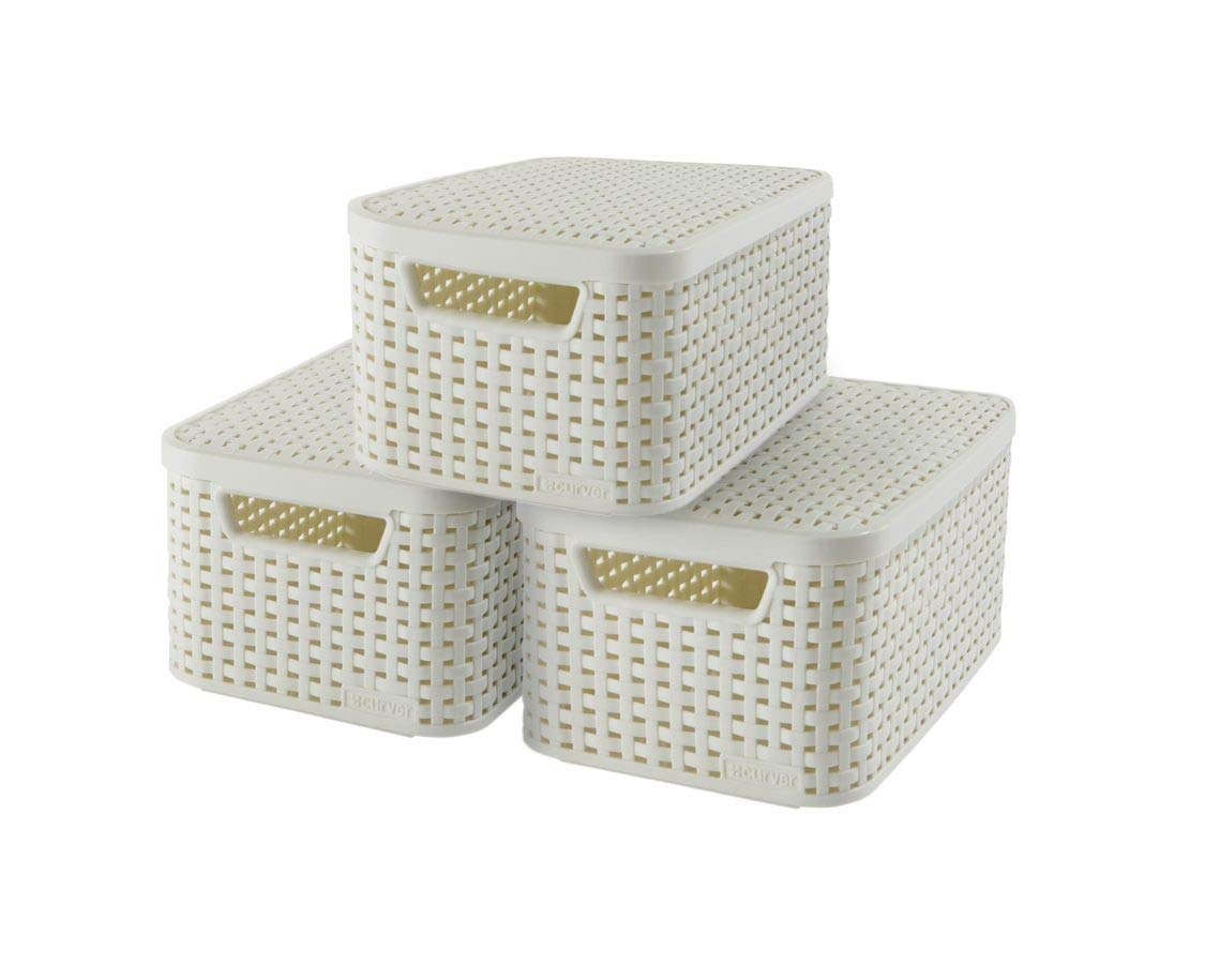 CURVER 3-Piece Style S Storage Box Set with Lids - White Plastic Organizer Bins for Home, Office & Closet Organization