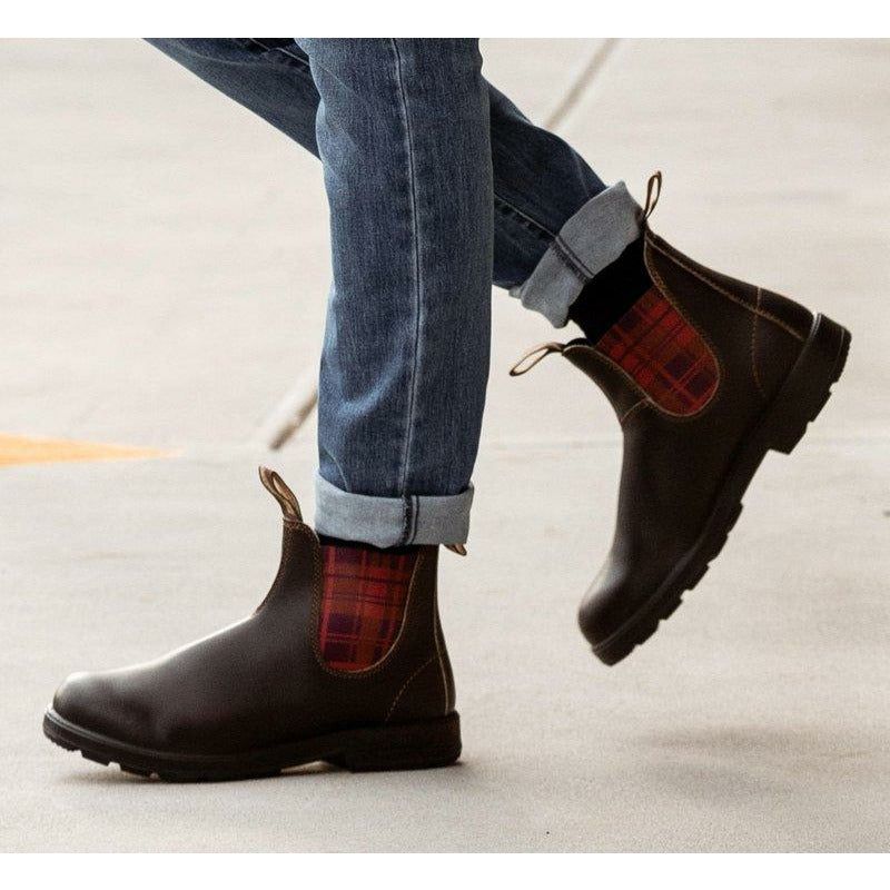 Blundstone Original 2100 Brown Chelsea Boots with Burgundy Tartan Elastic - Comfortable Slip-On Ankle Boots for Men & Women, Perfect for Work, Hiking & Casual Wear