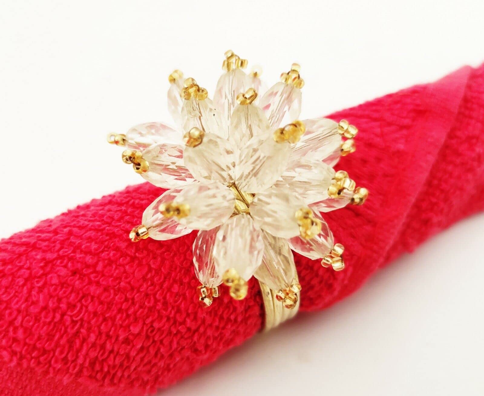 Sharvgun Set of 6 Pcs Clear Beaded Floral Napkin Rings - Elegant Table Decor for Home, Kitchen, Weddings & Parties - Perfect for Holiday Dinners & Special Occasions