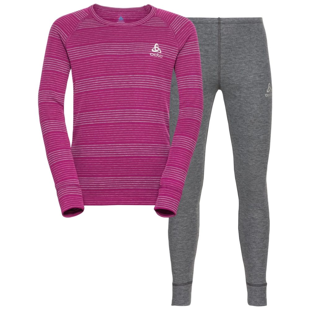 Odlo Kids Base Layer Set - Active Warm Thermal Underwear for Boys & Girls - Steel Grey / Festival Fuchsia - Perfect for Winter Sports, Skiing, and Outdoor Activities