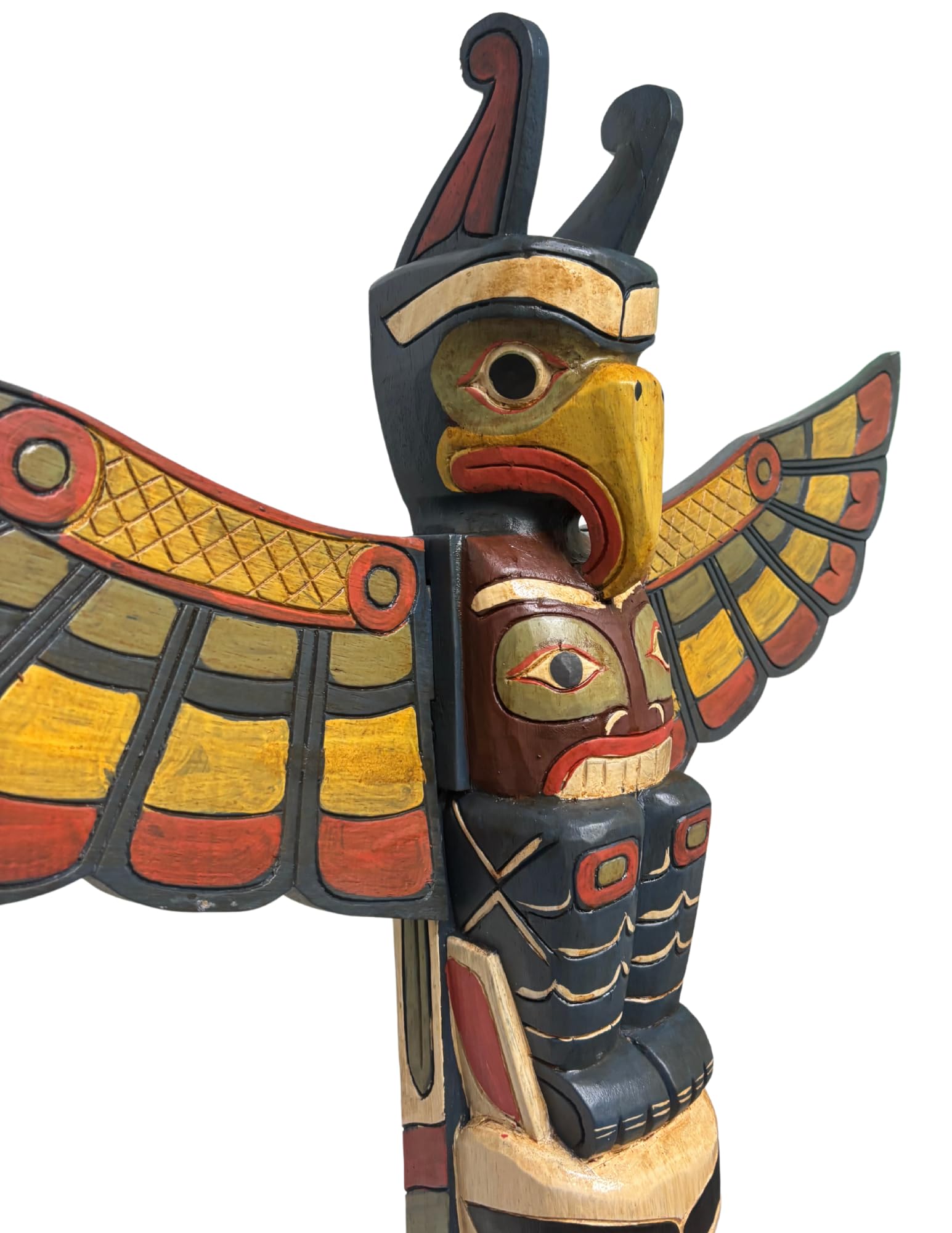 Northwest Coast Style 3ft Wooden Eagle & Fish Totem Pole - Handcrafted Native American Art for Home Decor, Office Display & Garden Sculpture