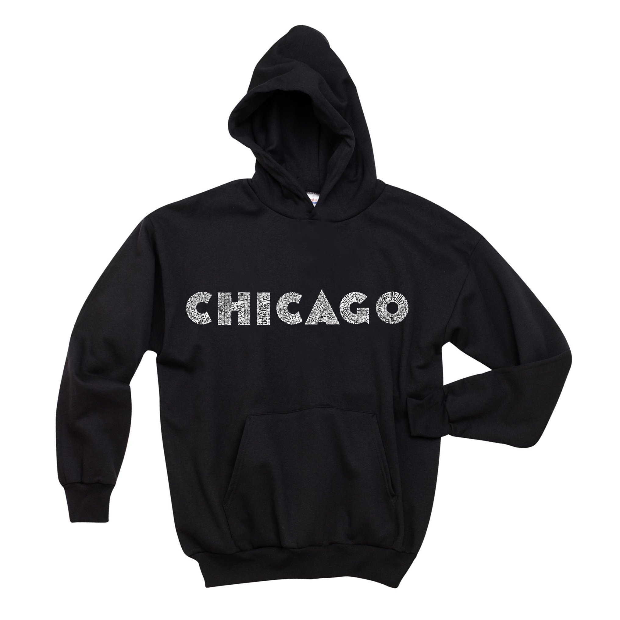 LA POP ART Men's Word Art Hooded Sweatshirt - Chicago Neighborhoods Graphic Pullover | Trendy Streetwear for Urban Fashion | Perfect for Casual Outings & City Exploration