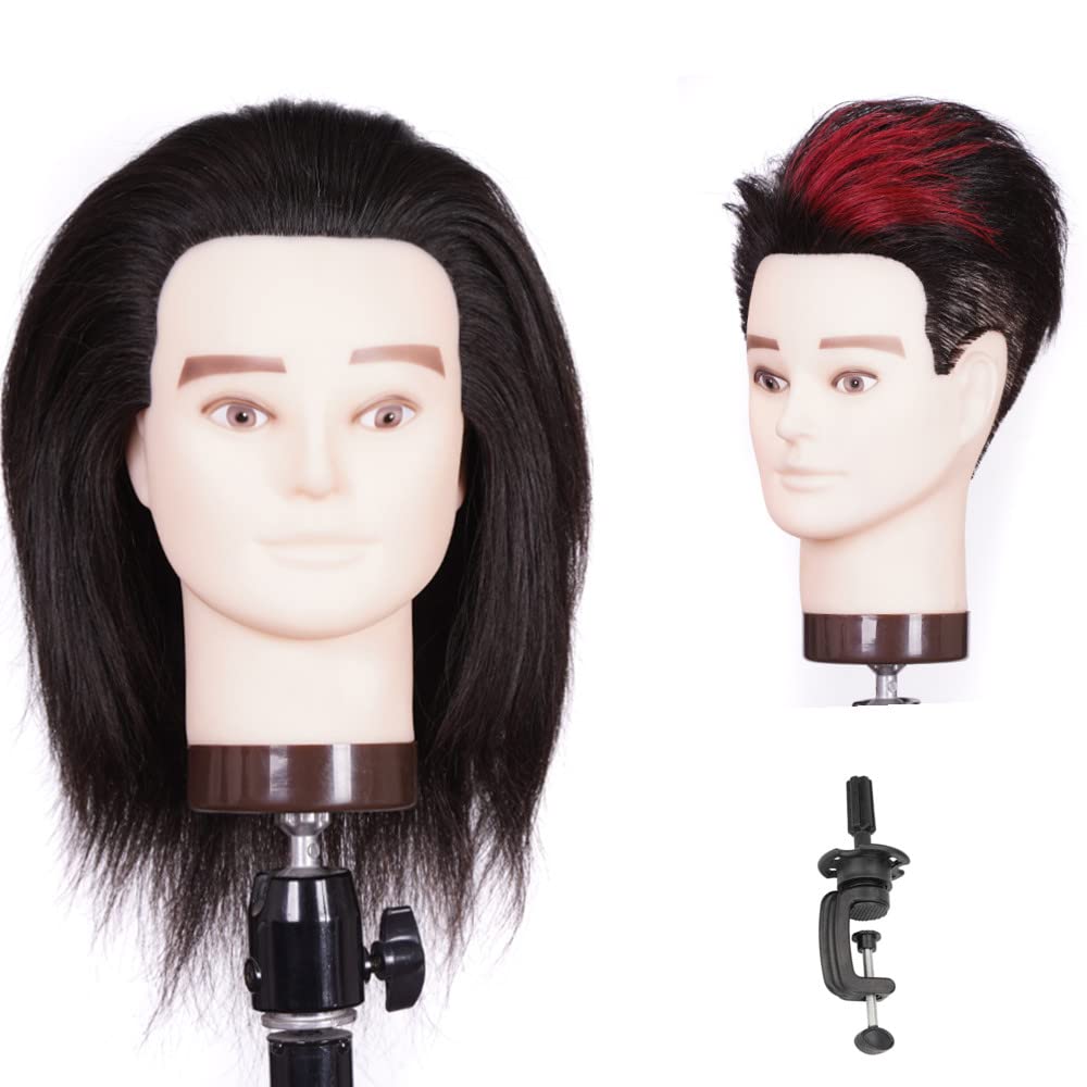 100% Human Hair Male Training Head for Hairdressers - Professional Mannequin Head for Cutting, Styling & Practice with Clamp Stand (Black) | Perfect for Salon Training, Barber School & Home Hairdressing Practice