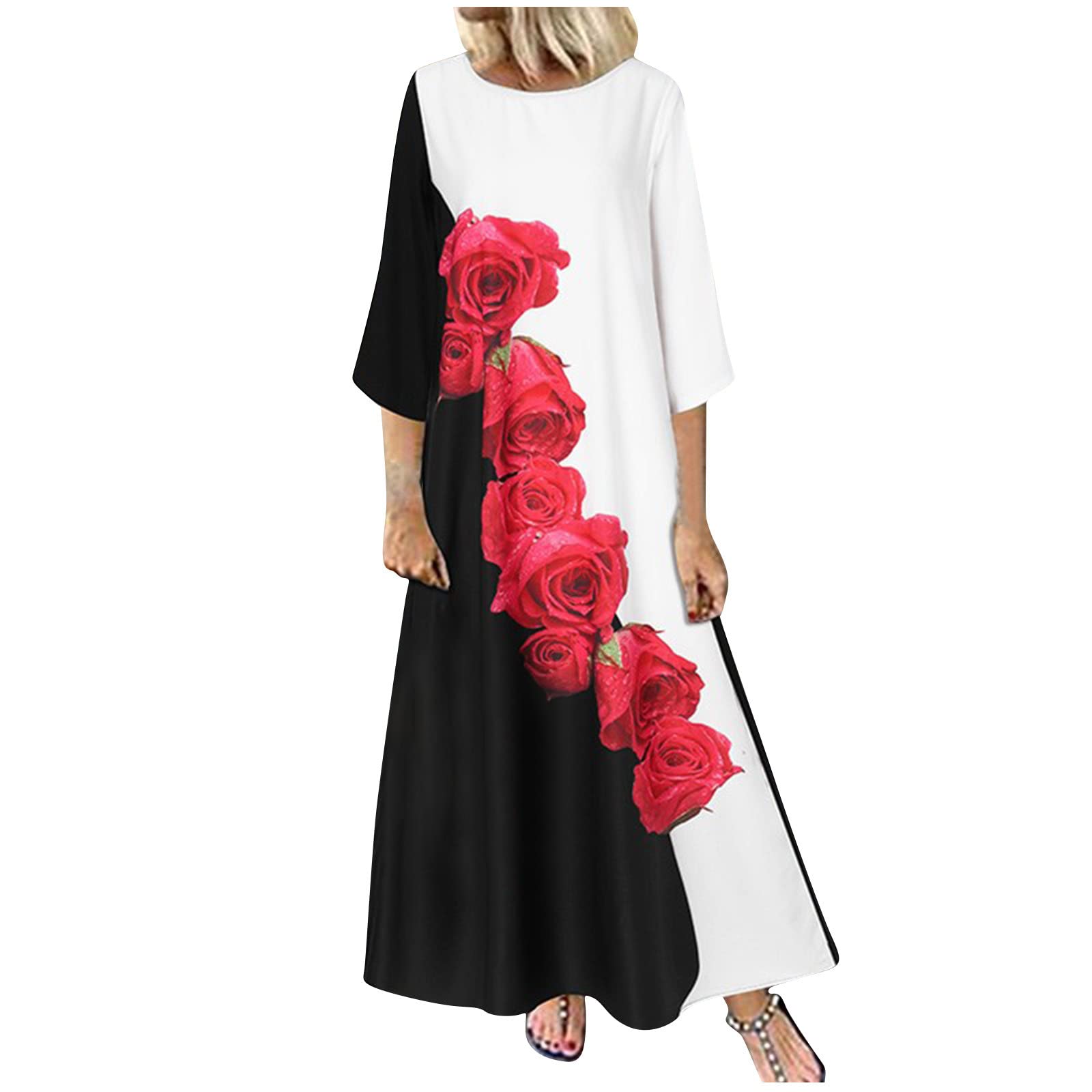 Women's Floral Print Summer Dress 2023 - Casual 3/4 Sleeve Round Neck Loose Maxi Dress with Pockets | Elegant & Sexy Beachwear, Vacation Outfit, Party Dress for Outdoor Activities