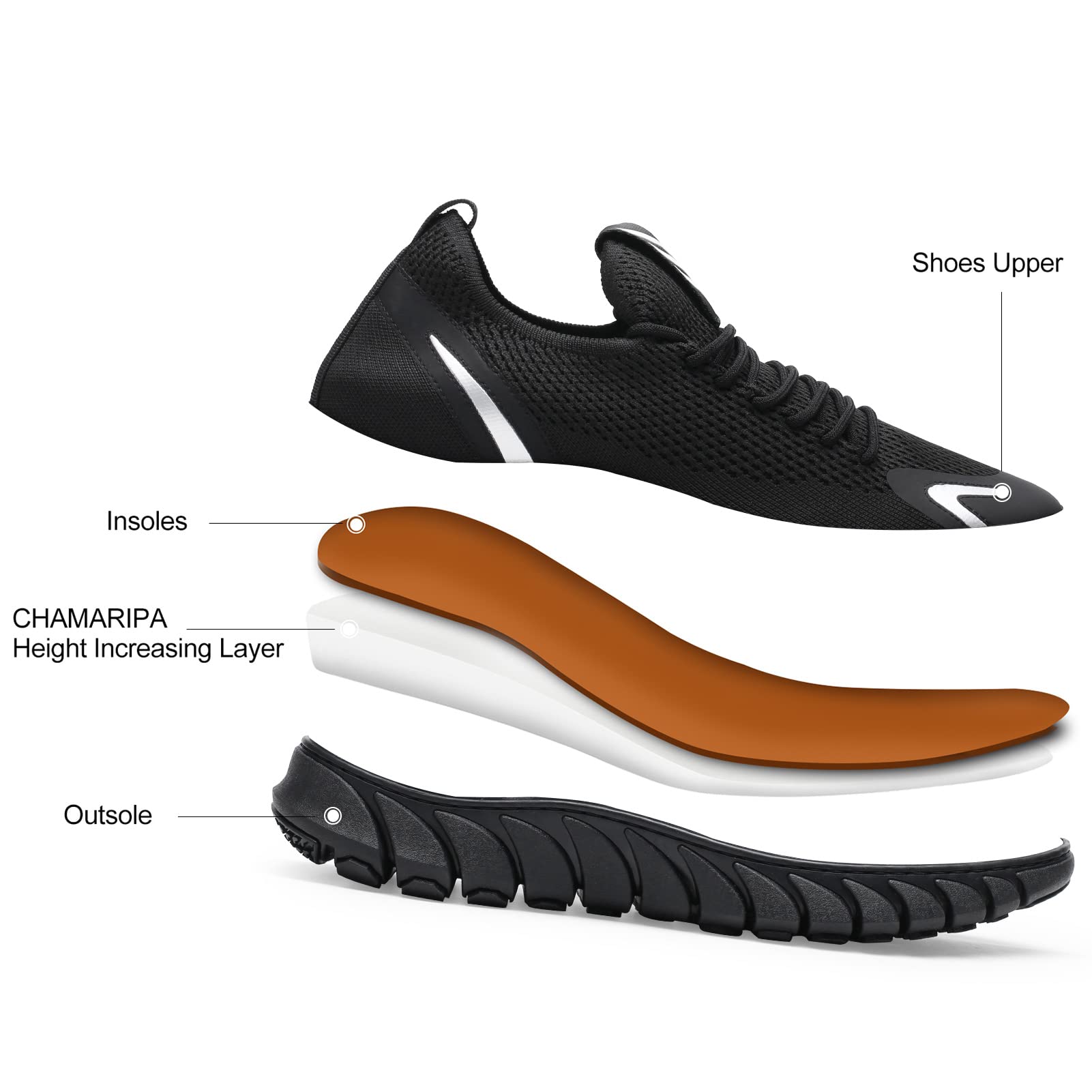 CHAMARIPA Men's Height Increasing Sneakers - Elevator Sports Shoes with Hidden Heel, Lightweight Mesh Lace Up Trainers for Casual Wear & Daily Comfort