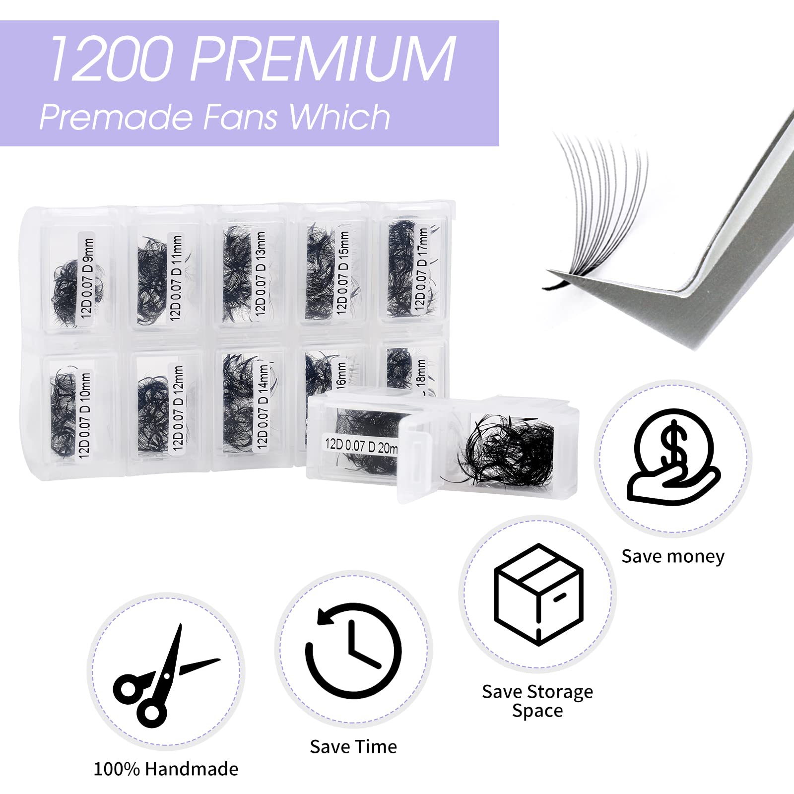 Premium 1200PCS 12D 0.07mm D-Curl Volume Lash Extensions - 9-20mm Mixed Length Premade Fans with Pointed Base for Professional Eyelash Extensions | Perfect for Salon, Bridal, or Everyday Glam Makeup Looks