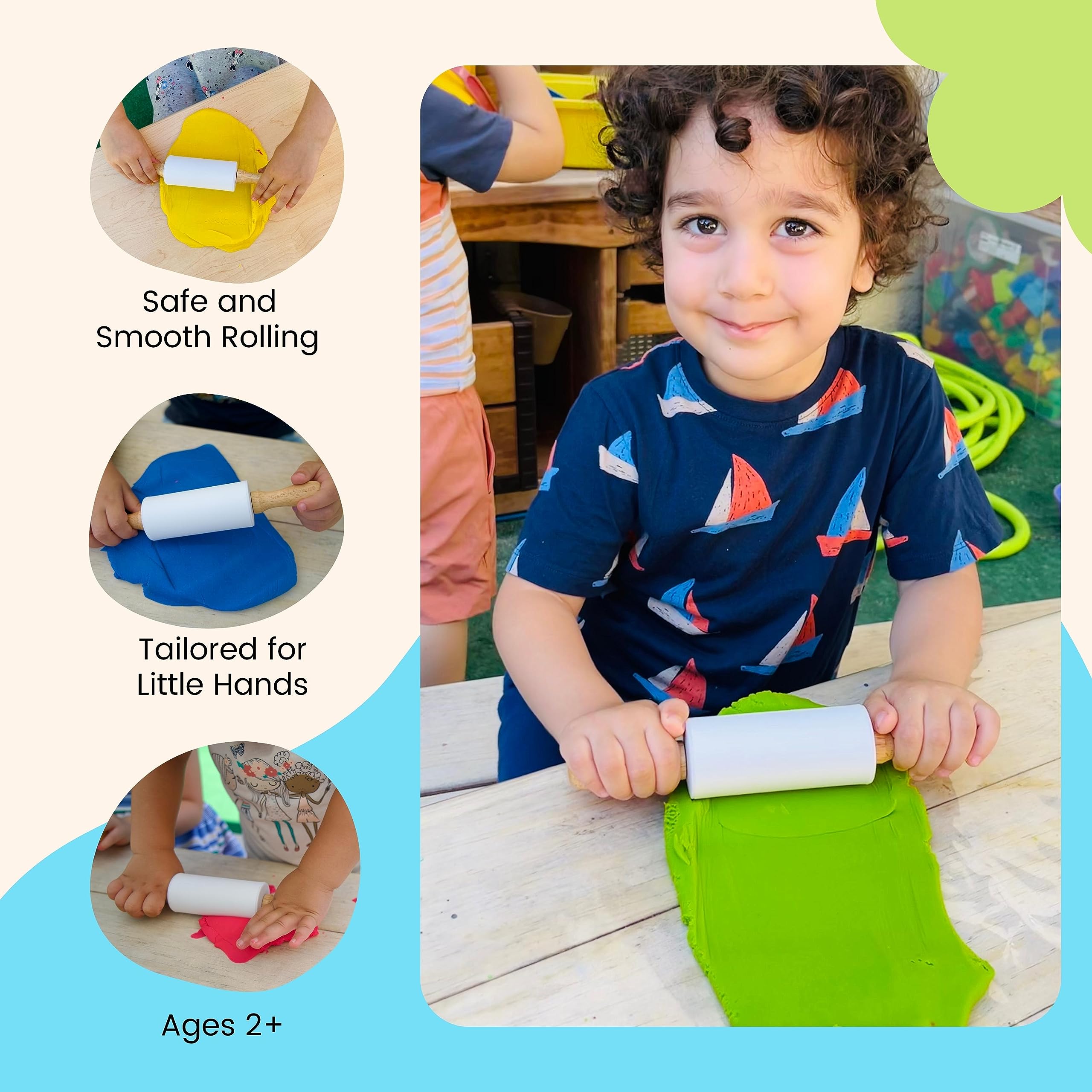 Kids Non-Stick Silicone Rolling Pin with Wooden Handles - 9 Inch White Dough Roller for Play Dough, Baking & Cookie Making - Perfect for Toddler Cooking Activities & Preschool Learning
