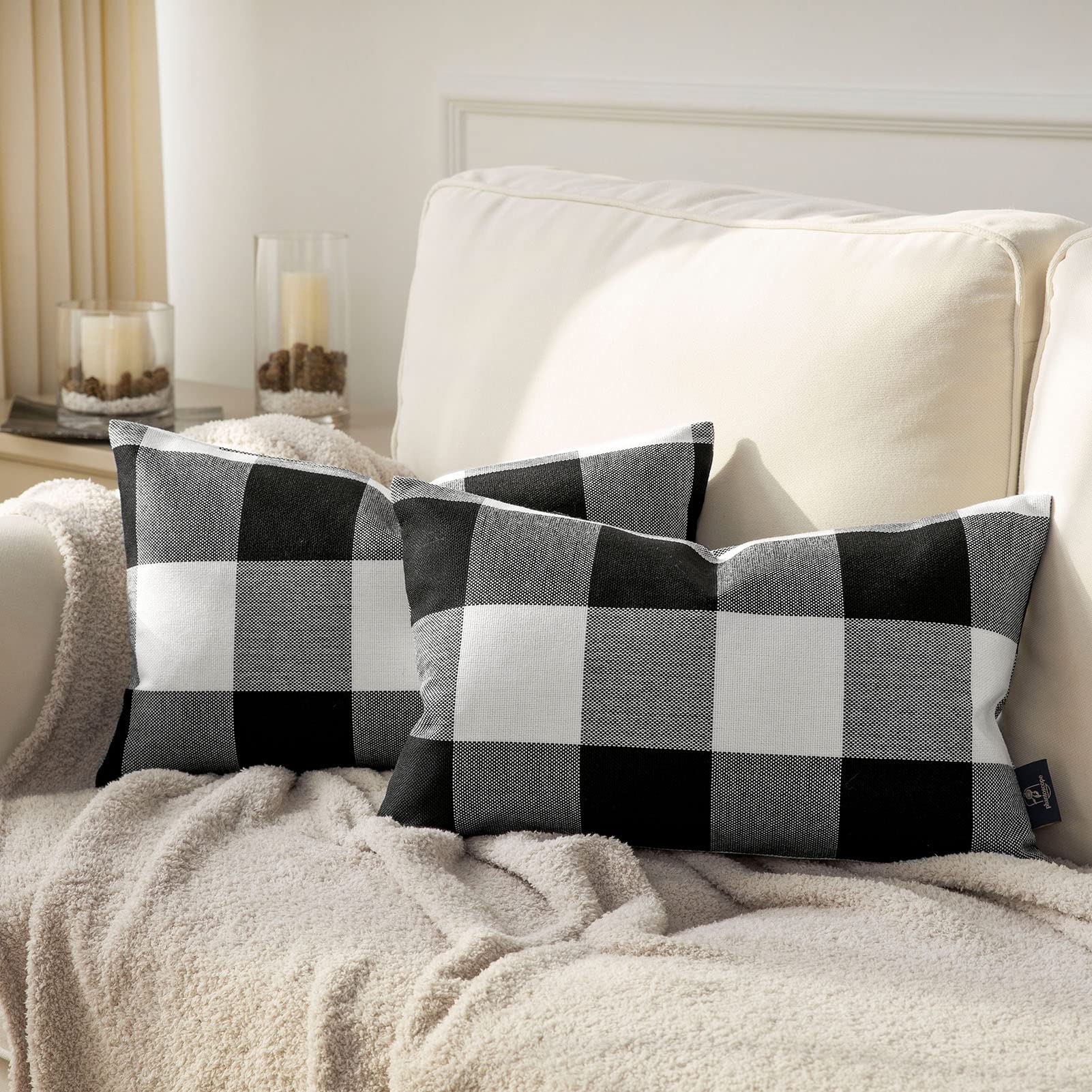 Phantoscope Pack of 2 Black and White Gingham Buffalo Check Plaid Throw Pillow Covers 12x20 Inches - Farmhouse Square Decorative Pillow Cases for Sofa, Bed, Couch Indoor & Outdoor Home Decor