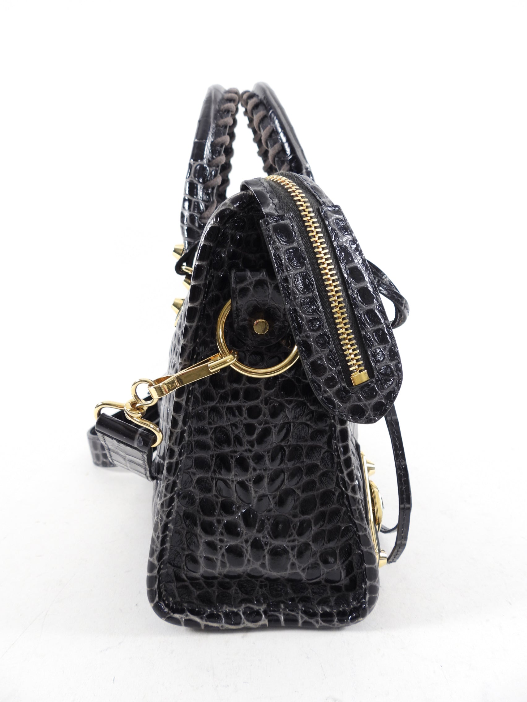 Balenciaga Dark Grey Croc Embossed Small Metallic Edge City Bag - Luxury Designer Handbag for Women, Perfect for Everyday Use & Night Out