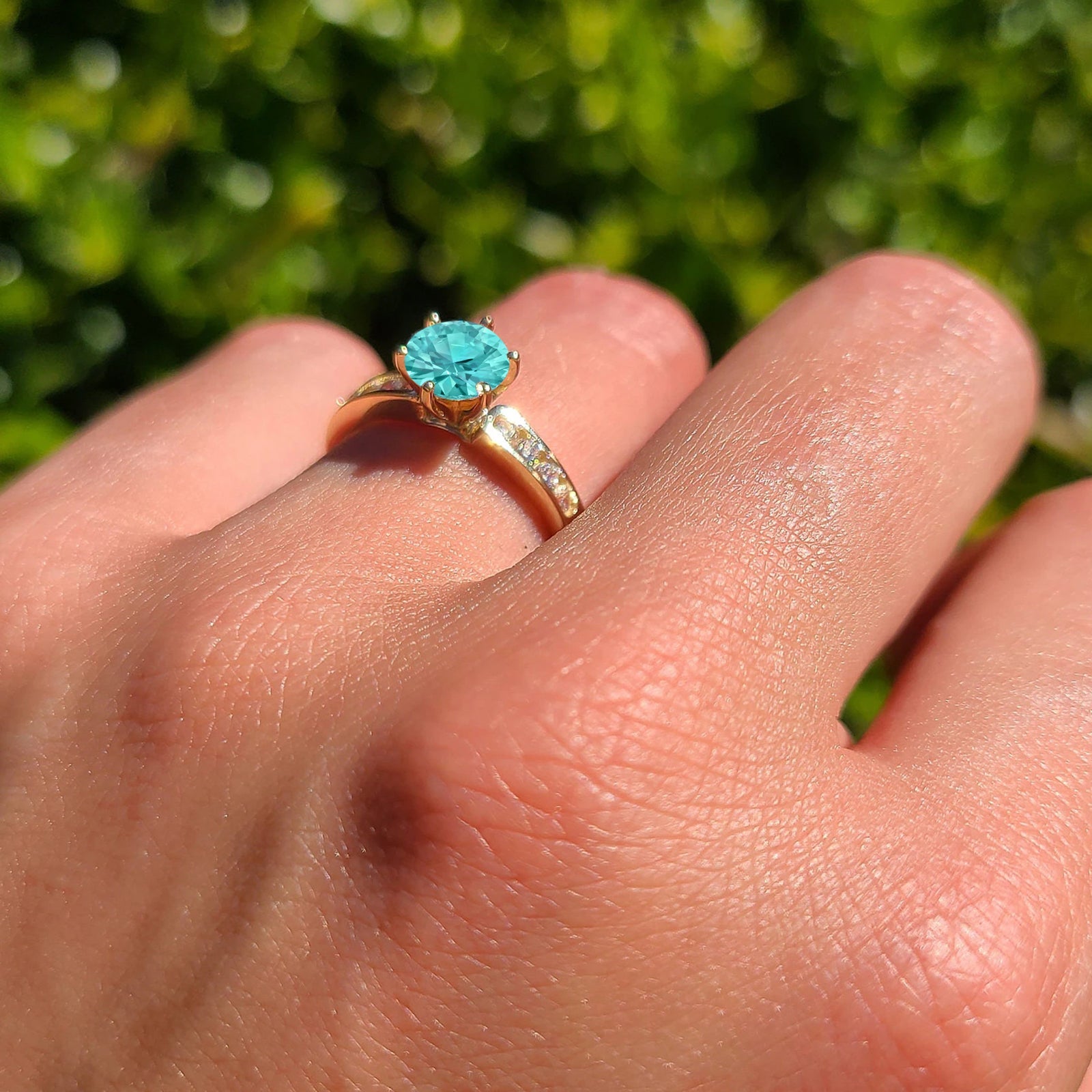 14K Yellow Gold Round Paraiba Tourmaline & Cubic Zirconia Cathedral Engagement Ring for Women - Elegant Wedding, Anniversary, or Gift Jewelry