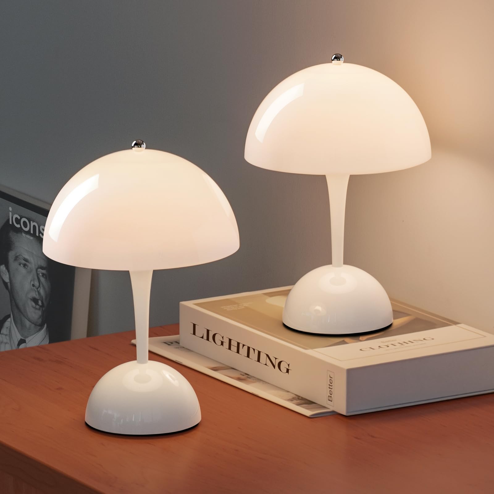 ONEWISH Cordless Table Lamps Set of 2 - Portable Touch Mushroom Lamp with Dimmer, Rechargeable Nightstand Lamp, Small LED Night Light for Kids, Perfect for Christmas, Birthday Gifts, Home, Bedroom, Nursery, and Office Decor
