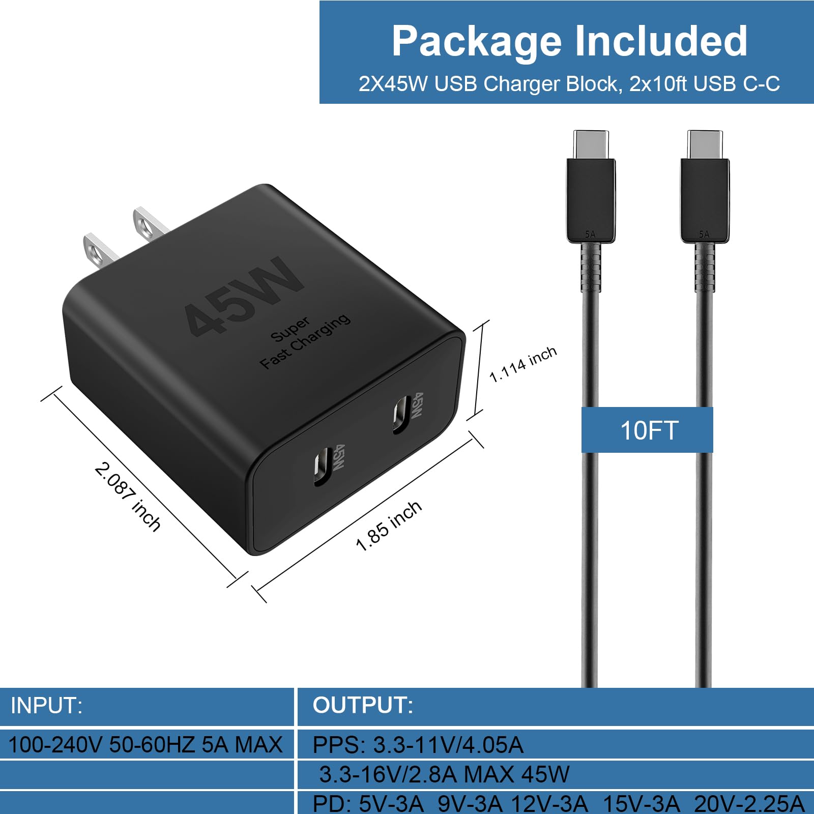 45W Fast Charger for iPhone 16 Pro Max - Dual Port USB C Super Fast Charging Block with 10FT Long Cable - Compatible with iPhone 16/16 Pro/Max/15/ProMax Plus, Samsung Galaxy & Android Phones - Perfect for Home, Office & Travel Charging