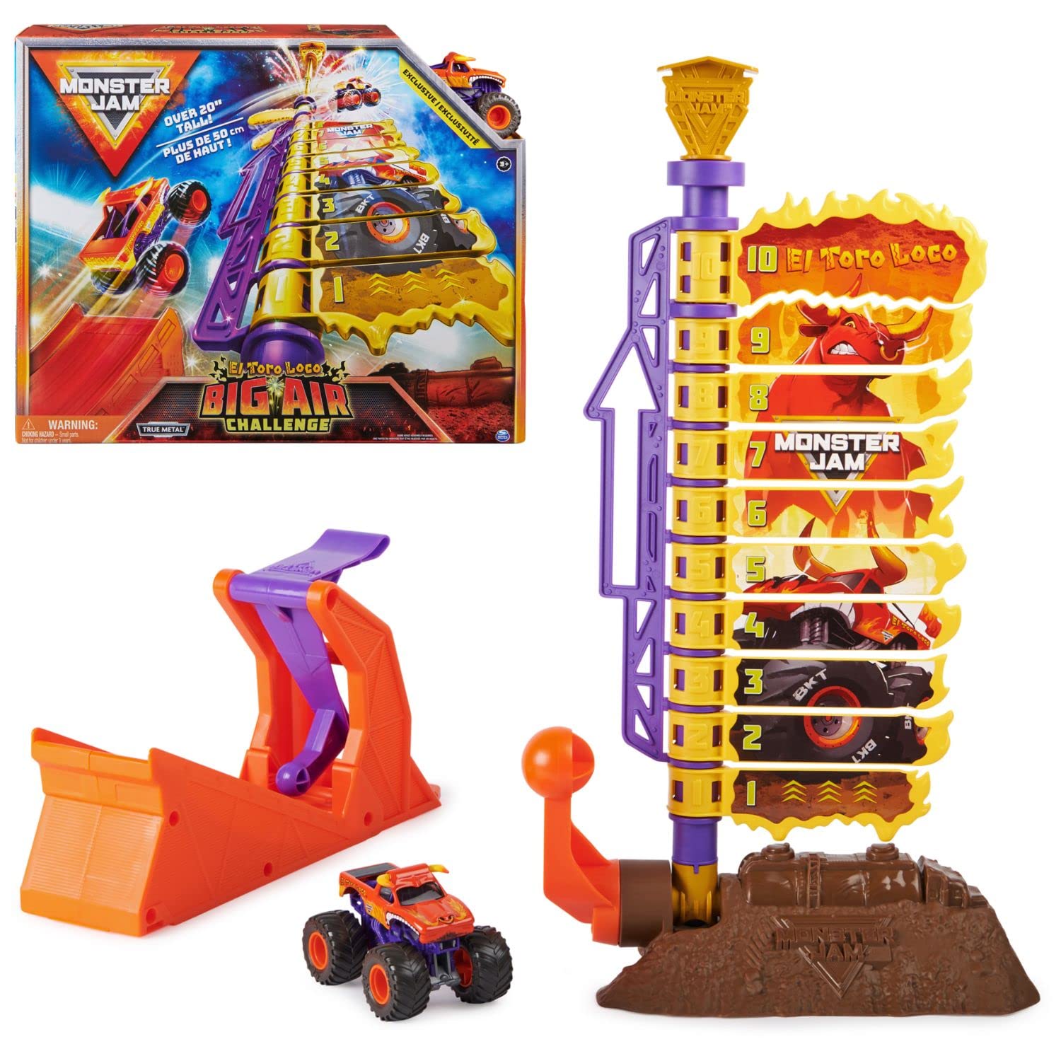 Monster Jam El Toro Loco Big Air Challenge Playset - 1:64 Scale Monster Truck Toy with 20+ Inch Ramp | Exclusive Die-Cast Vehicle | STEM Learning Gift for Boys & Girls Ages 3+ | Birthday & Christmas Present for Kids Who Love Stunt Shows & Racing Games