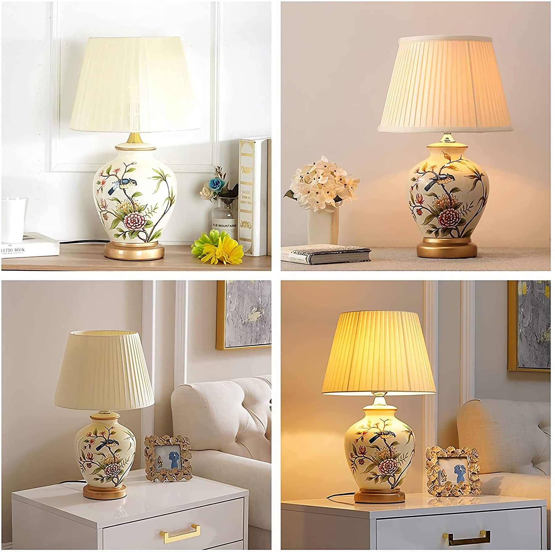 Modern Asian Chinese Style Ceramic Table Lamp with Fabric Bell Shade - Traditional Home Decor for Living Room, Bedroom, Office & Nightstand | Perfect for Beach House, Entryway & Family Spaces (White)