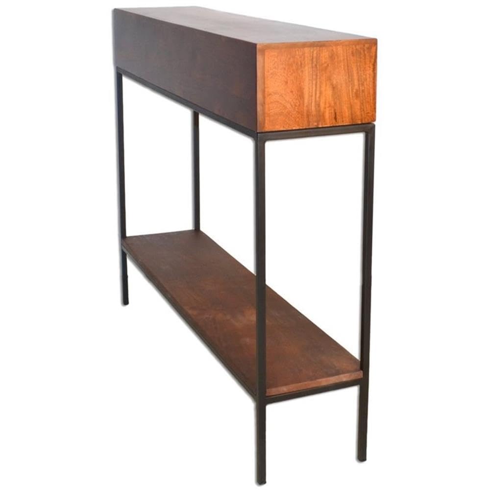 BOWERY HILL Modern Metal Console Table - Chestnut & Black Finish - Entryway, Living Room, Hallway Furniture - Slim Sofa Table for Small Spaces