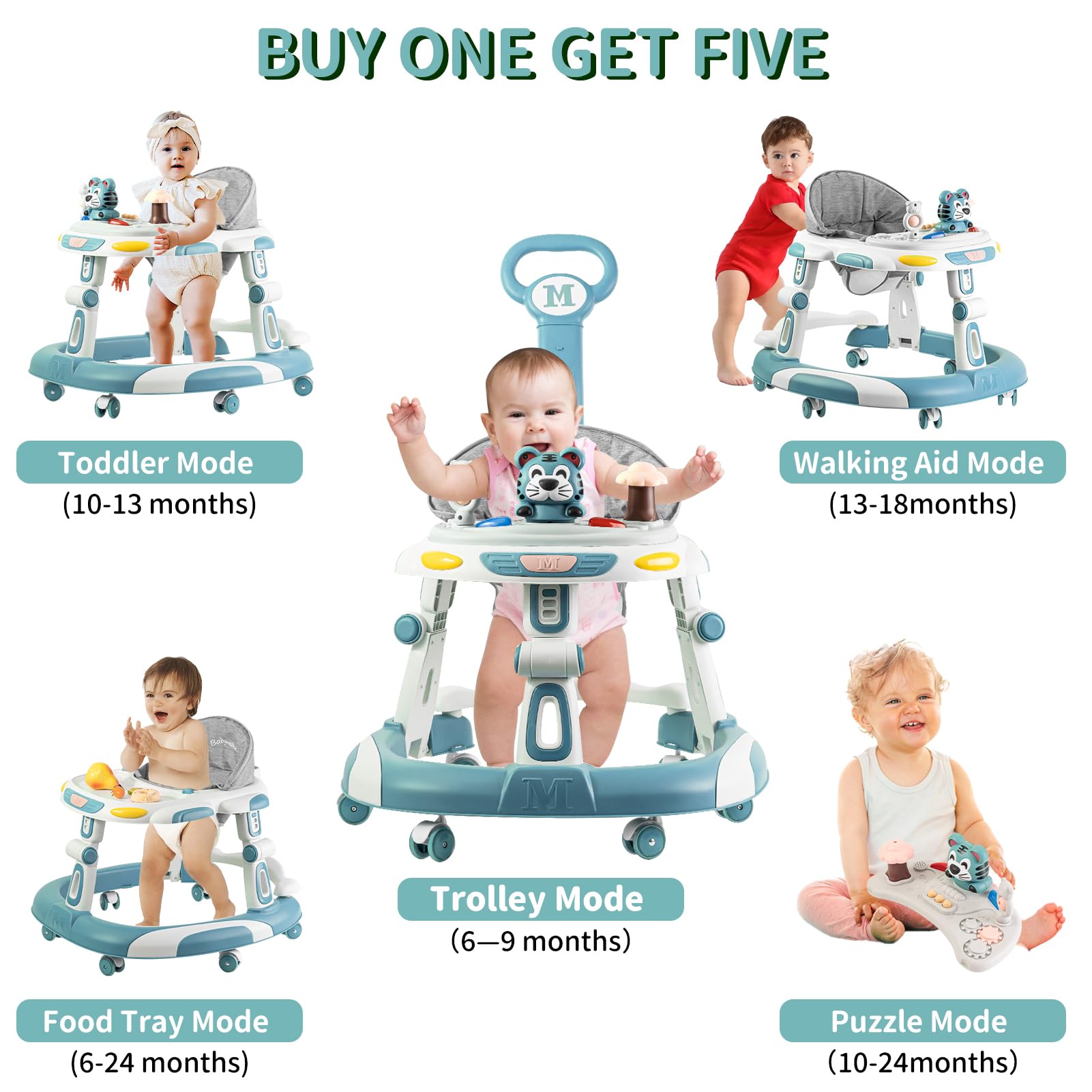 4-in-1 Foldable Baby Walker & Activity Center with Toy Tray - 3-Level Height Adjustable Infant Walker with Wheels for Boys & Girls 6-24 Months (Blue) - Perfect for Learning to Walk, Playtime & Early Development