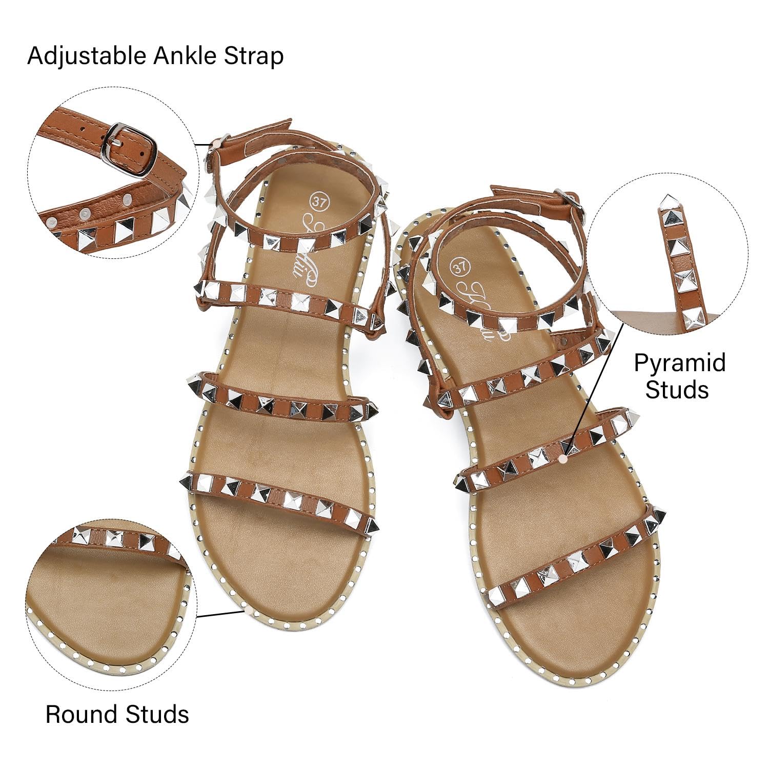 Katliu Women's Strappy Studded Gladiator Flat Sandals with Ankle Strap - Comfortable Casual Summer Shoes for Beach, Vacation & Daily Wear