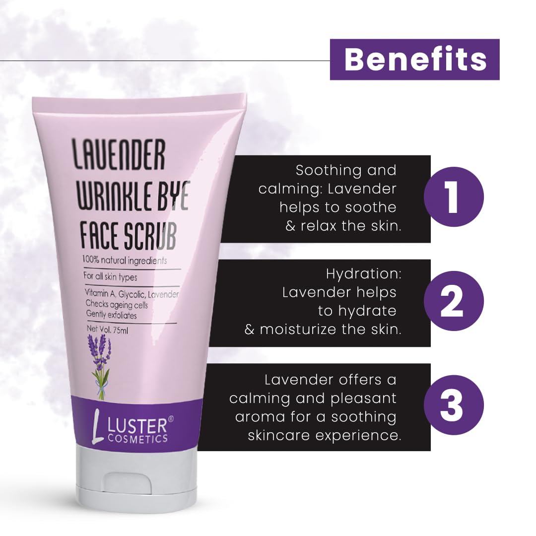 Luster Cosmetics Lavender Wrinkle Bye Face Scrub - Exfoliating Dead Skin Cells, Anti-Aging Facial Cleanser (75ml) | Perfect for Daily Skincare Routine & Spa Night