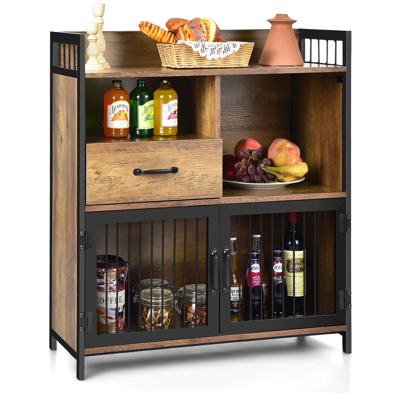 Giantex Buffet Cabinet with Storage - 2 Door Kitchen Sideboard with Drawer & Wood Shelves, Metal Frame Industrial Cupboard for Utensil & Tableware Organization - Perfect for Dining Room, Kitchen Storage & Home Decor