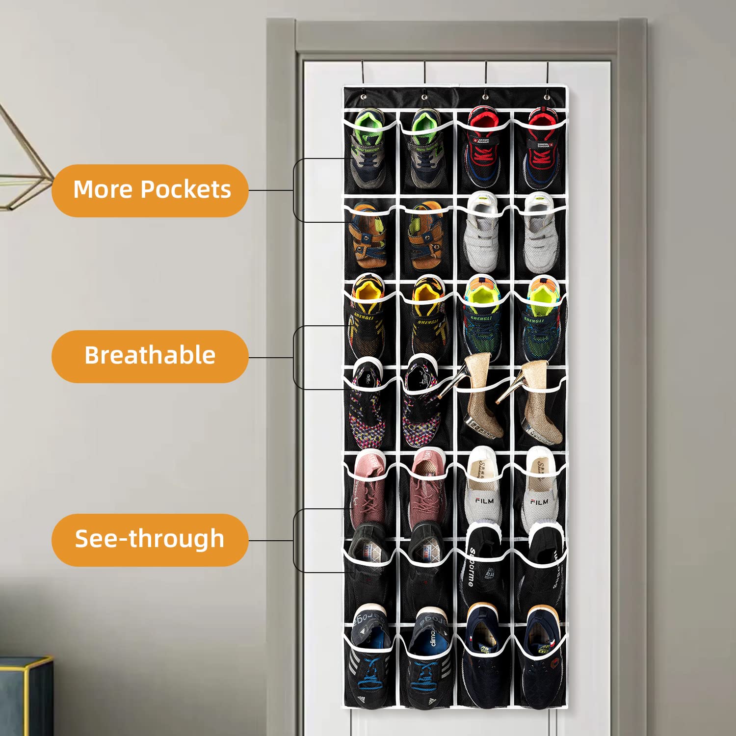 28-Pocket Over The Door Shoe Organizer - Large Capacity Hanging Shoe Storage Bag with 4 Metal Hooks (Black, 1 Pack) | Perfect for Closet Organization, Entryway Storage & Small Space Saving Solutions