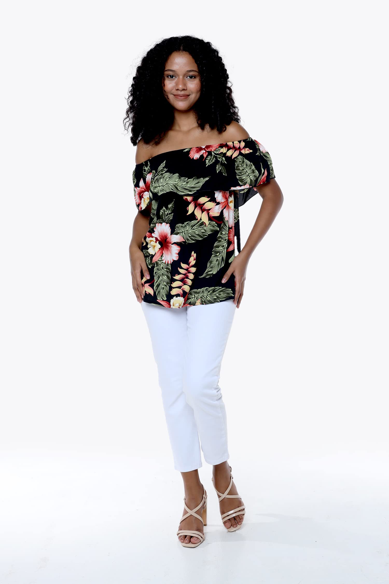 Women's Hawaiian Off-Shoulder Ruffle Muumuu Top Floral Print - Beach Vacation, Summer Party & Boho Outfit Essential
