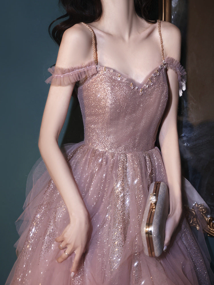 Elegant Pink Fairy Long Evening Dress with Spaghetti Straps - Formal Gown for Women Size 170 - Perfect for Prom, Wedding Guest & Special Occasions