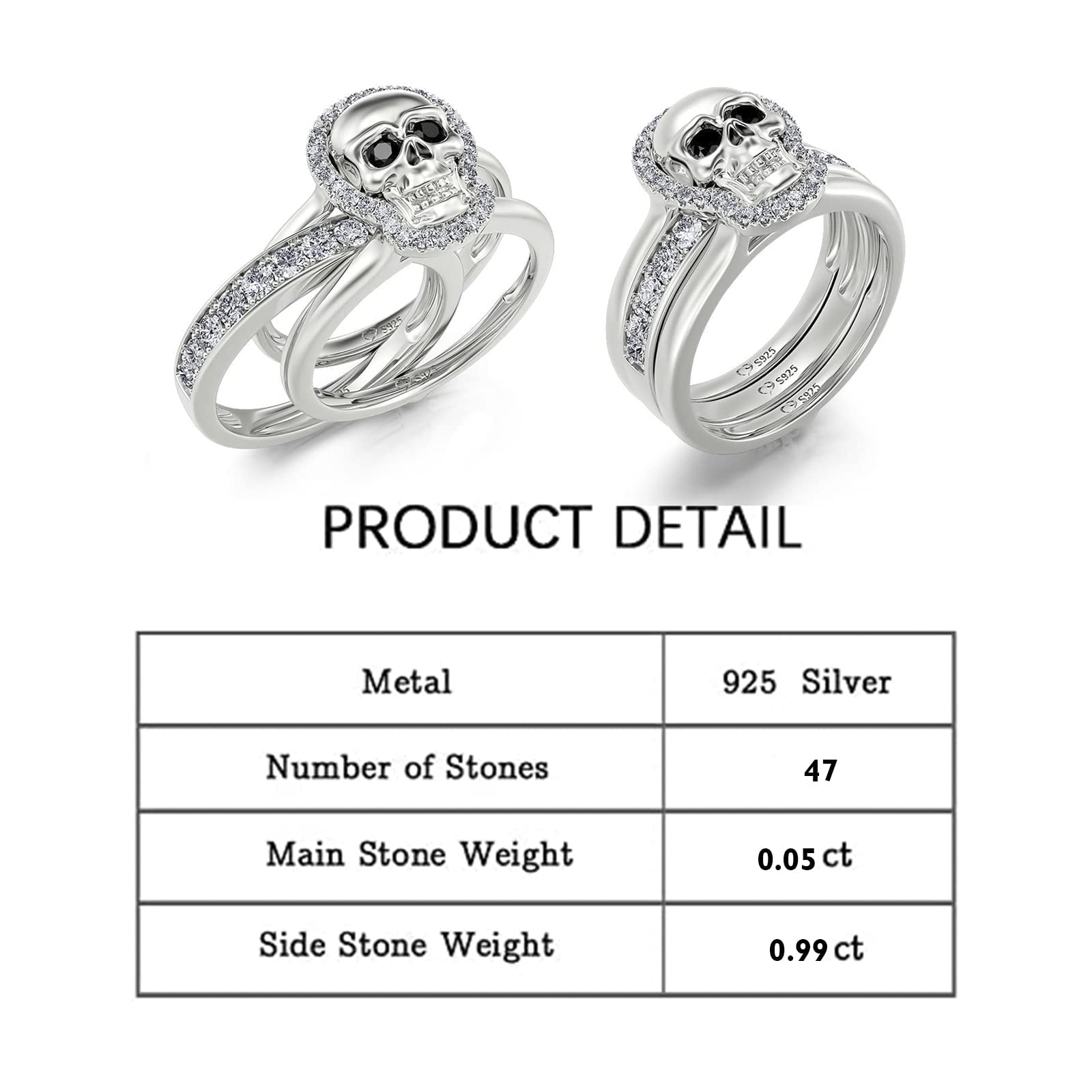 Jeulia Sterling Silver Skull Engagement Ring Set with Cubic Zirconia - Interchangeable Promise & Eternity Band - Wedding, Anniversary, Bridal Jewelry Gift Set with Box - Perfect for Gothic Weddings, Alternative Proposals & Unique Anniversary Gifts
