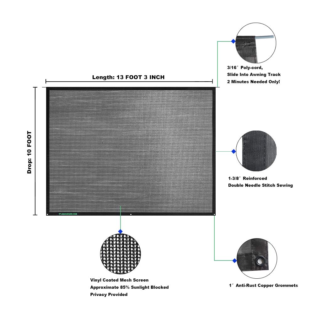 Leaveshade RV Awning Sun Shade Screen 10' X 13' 3'' - UV Protection Mesh Sunshade for 14' Awning, Blocks Glare & Heat - Perfect for Motorhome, Camping Trailer, Outdoor Travel - Durable Black Mesh with 3-Year Warranty