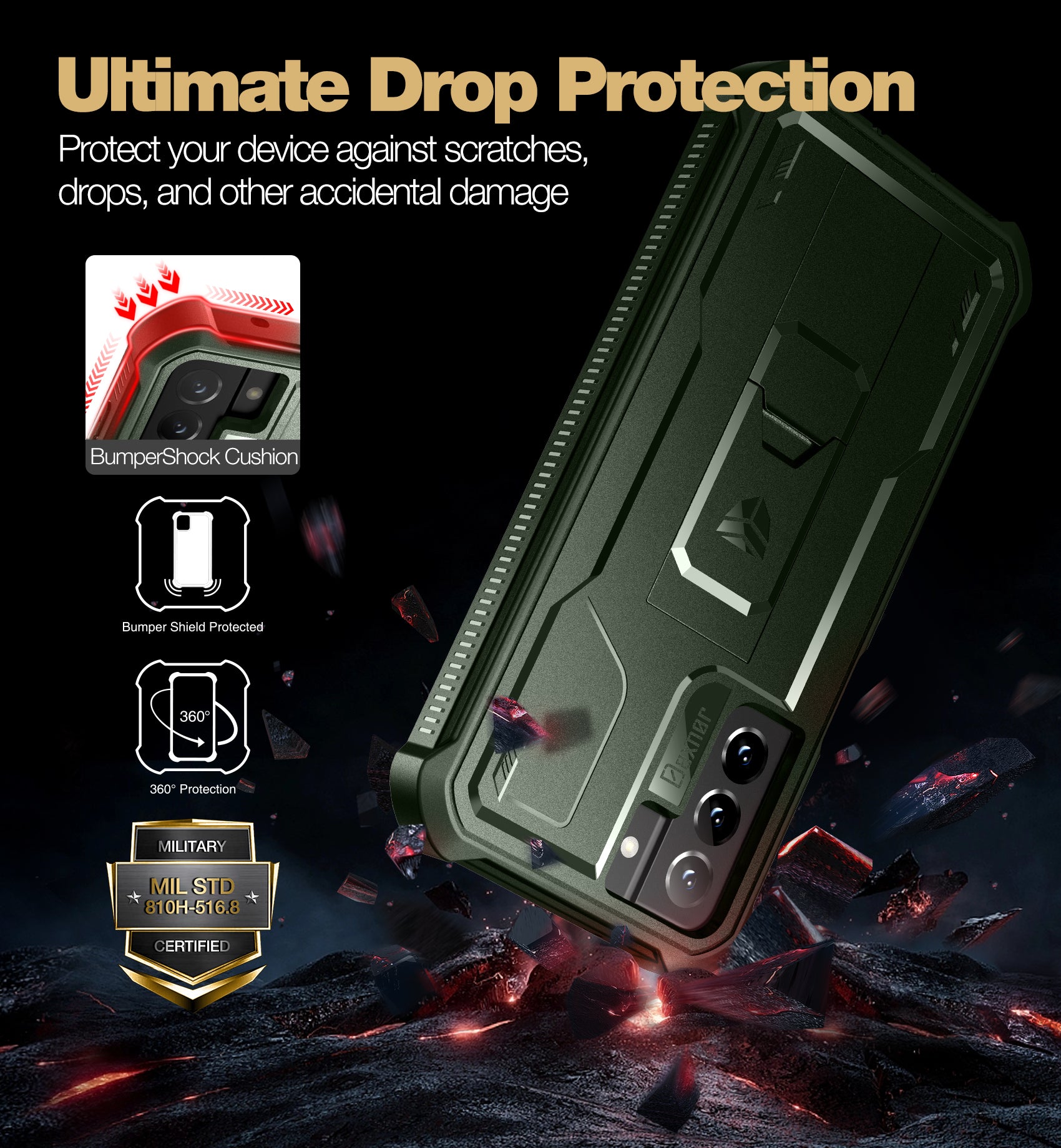 Dexnor Heavy Duty Shockproof Rugged Case for Samsung Galaxy S21 FE with Built-in Kickstand & Screen Protector - Perfect for Outdoor, Travel, and Daily Protection