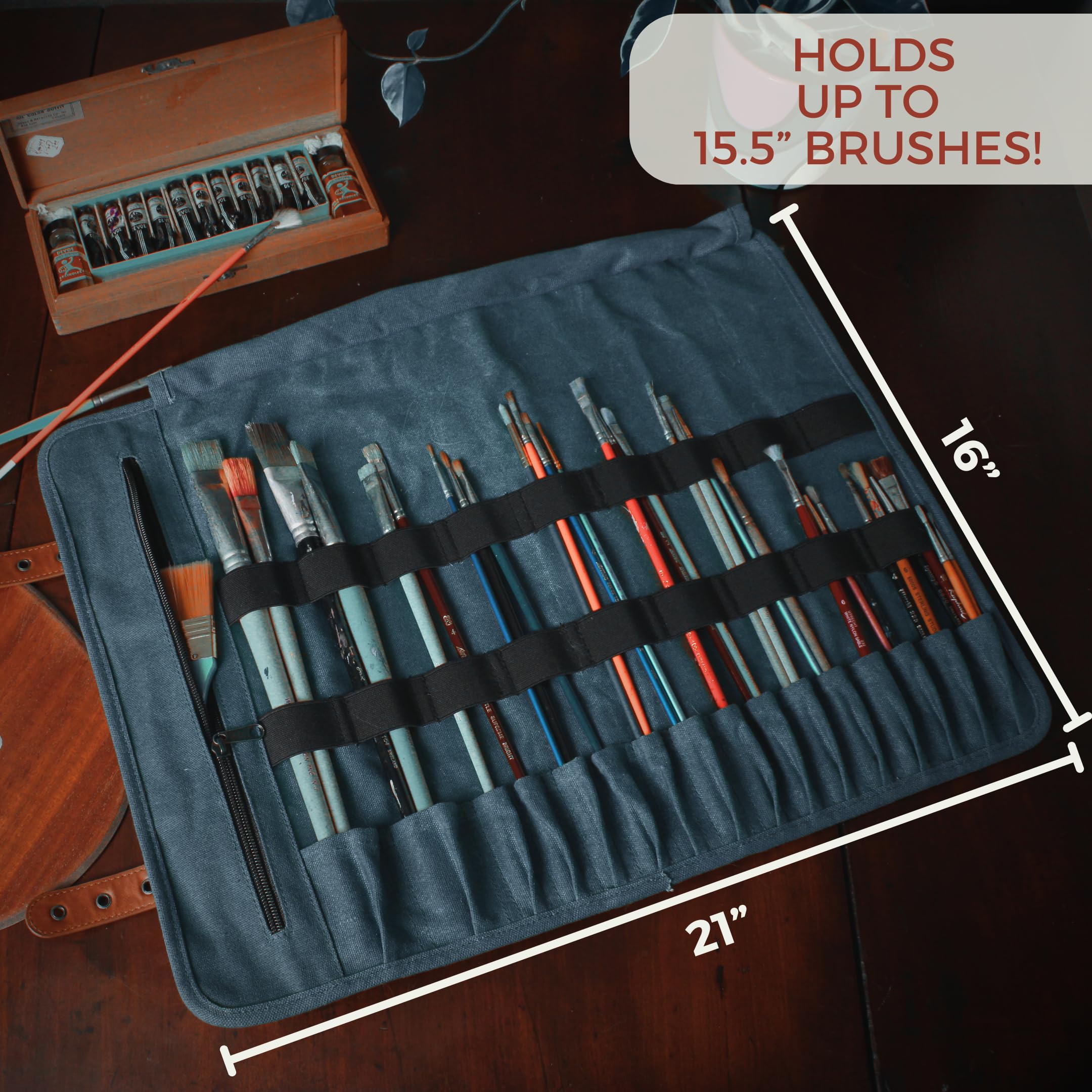 Earth & Fiber Co. Waxed Canvas Paint Brush Holder - Waterproof Art Storage Roll Bag for Painting & Drawing Supplies - Perfect for Outdoor Sketching, Studio Organizing & Travel Art Kits (Blue)