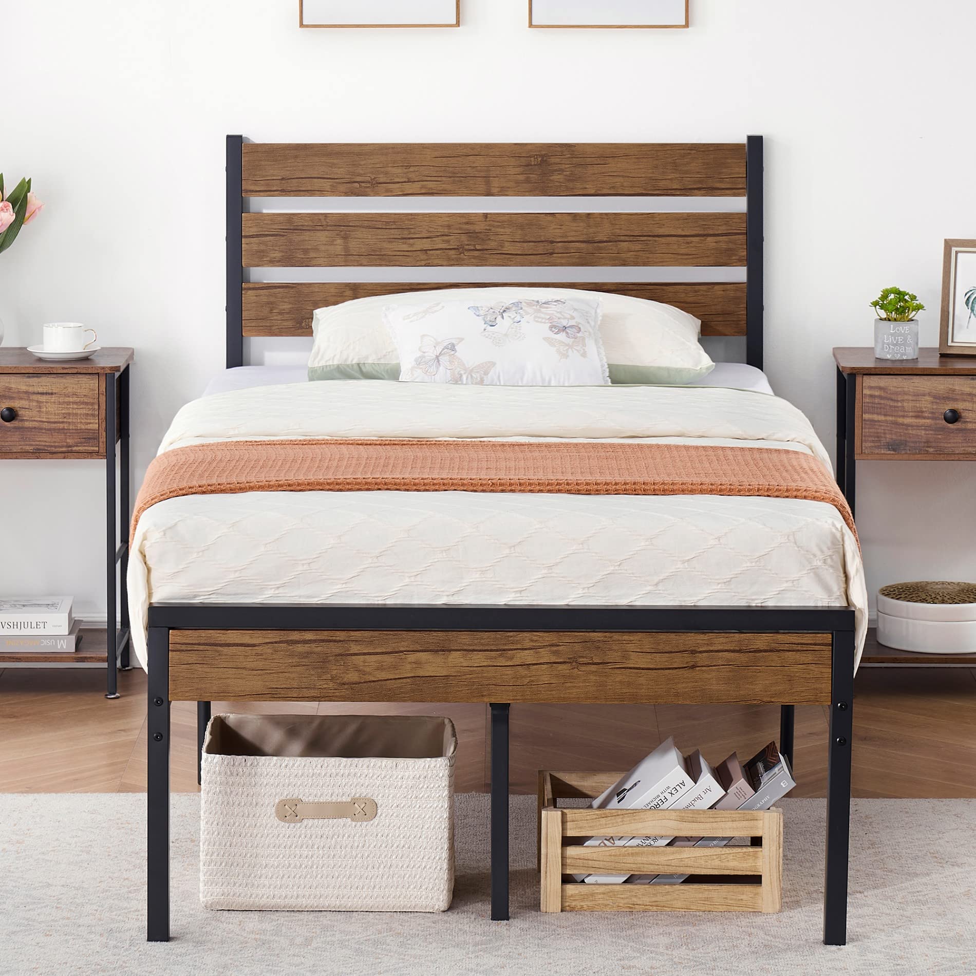 Alkmaar Twin Size Bed Frame with Wooden Headboard & Metal Slats - Sturdy Platform Bed with Underbed Storage Space, No Box Spring Required - Black Modern Bedroom Furniture for Small Spaces & Guest Rooms
