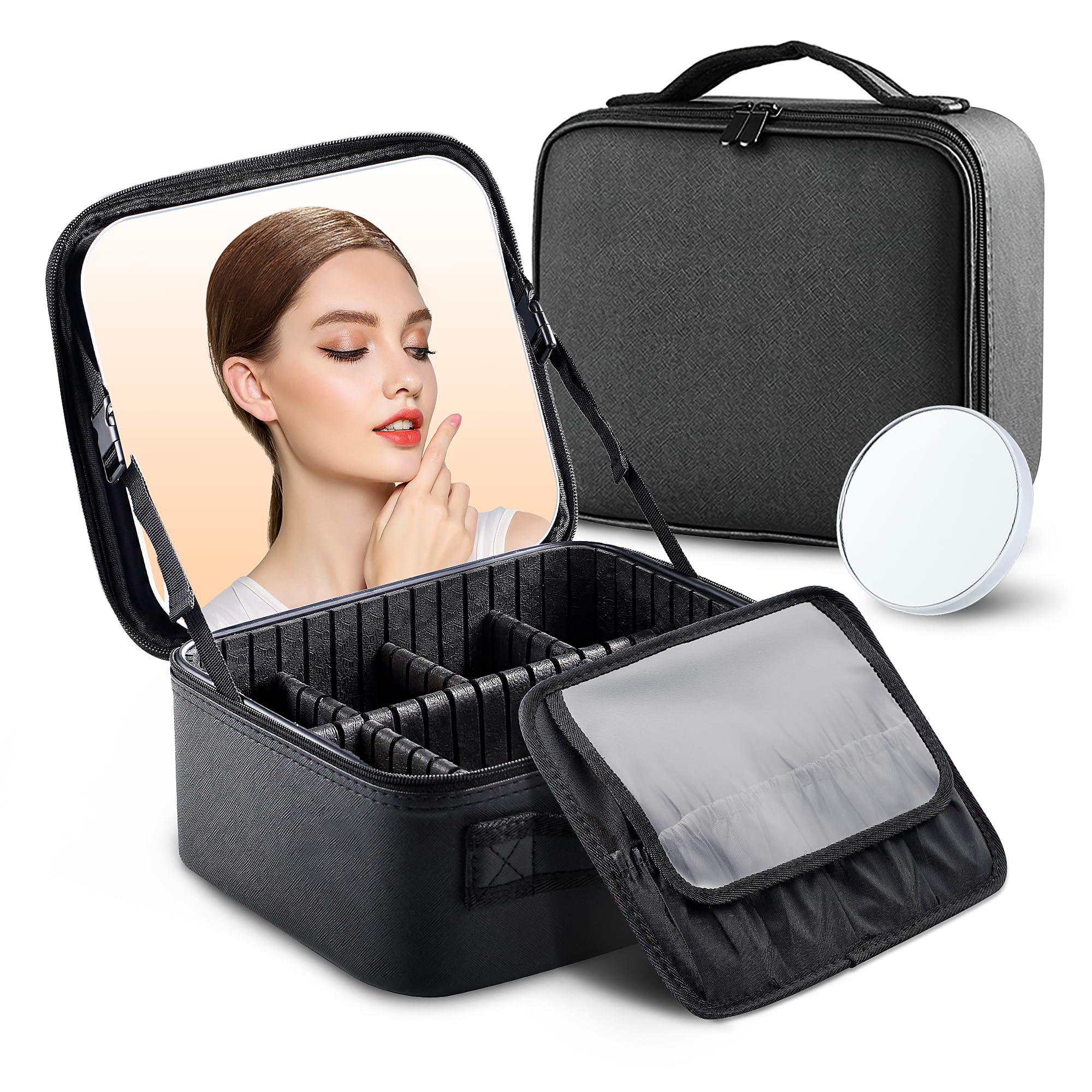 Makeup Bag with Mirror & 10x Magnification - Adjustable Dividers Cosmetic Organizer - Travel Makeup Case for Women (Black) - Perfect for Travel, Home & Salon Use