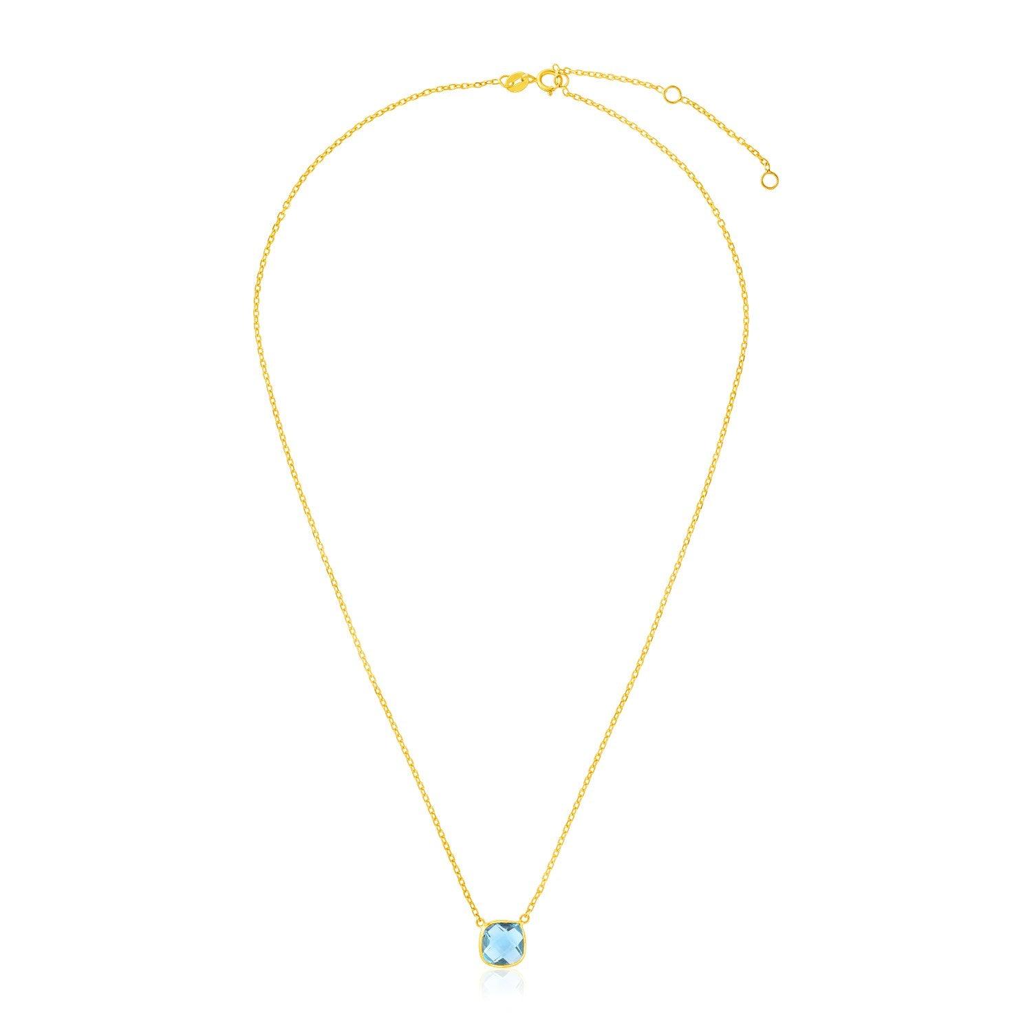 14K Yellow Gold 17 Inch Necklace with Cushion Cut Blue Topaz Gemstone - Elegant Jewelry for Women, Perfect for Weddings, Anniversaries & Special Occasions