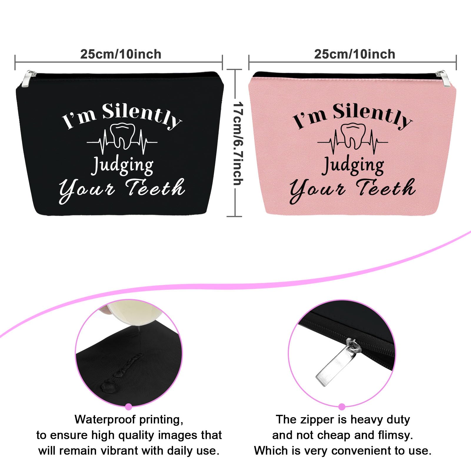 2Pcs Funny Dentist Gifts Makeup Bags - Dental Hygienist Appreciation Presents for Women, Travel Cosmetic Pouch for Dental Assistants (Black&Pink) - Perfect for Christmas, Birthday & Travel Essentials Organization