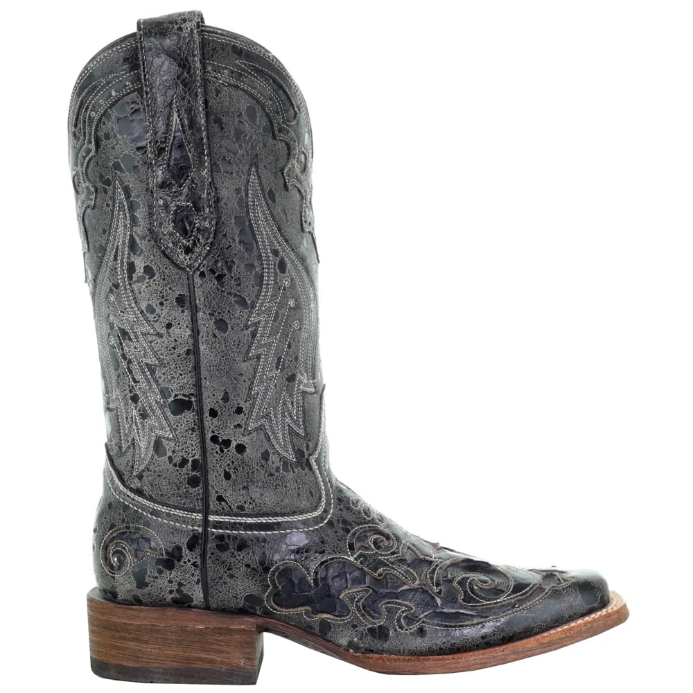 **Women's Distressed Embroidered Square Toe Dress Boots - Mid Calf, Low Heel (1-2