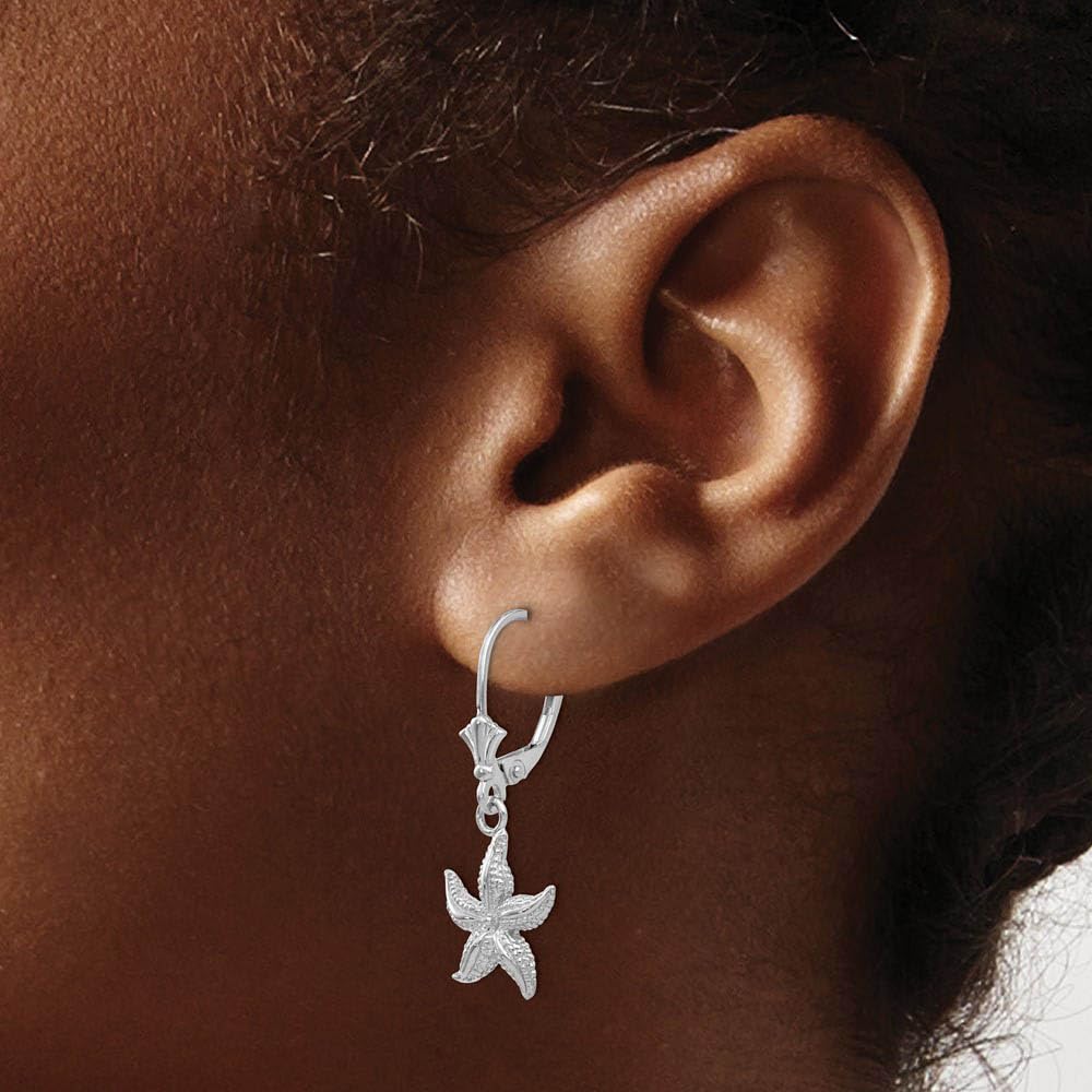 The Black Bow 12mm Textured Starfish Lever Back Earrings in 14k White Gold – Perfect for Beach Weddings and Summer Parties