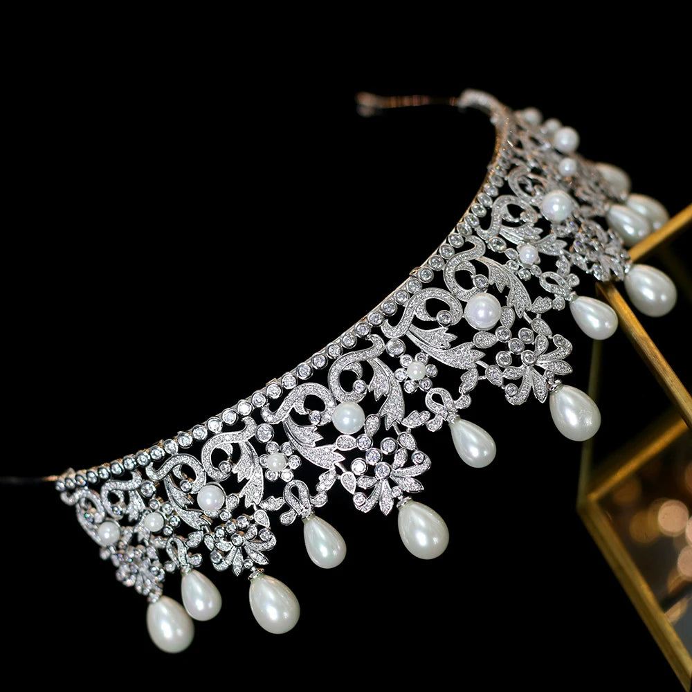 Elegant Pearl Bridal Crown Tiara with Zirconia - Wedding Hair Accessories for Bride, Bridesmaids & Flower Girls - Perfect for Weddings, Prom, Quinceañera & Special Occasions