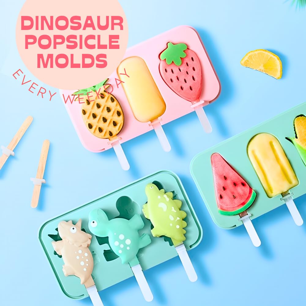 KAISHANE Dinosaur Silicone Popsicle Molds - BPA Free Reusable Ice Pop Maker for Kids, Toddlers & Homemade Treats - Perfect for Summer Snacks, Birthday Parties & Family Fun
