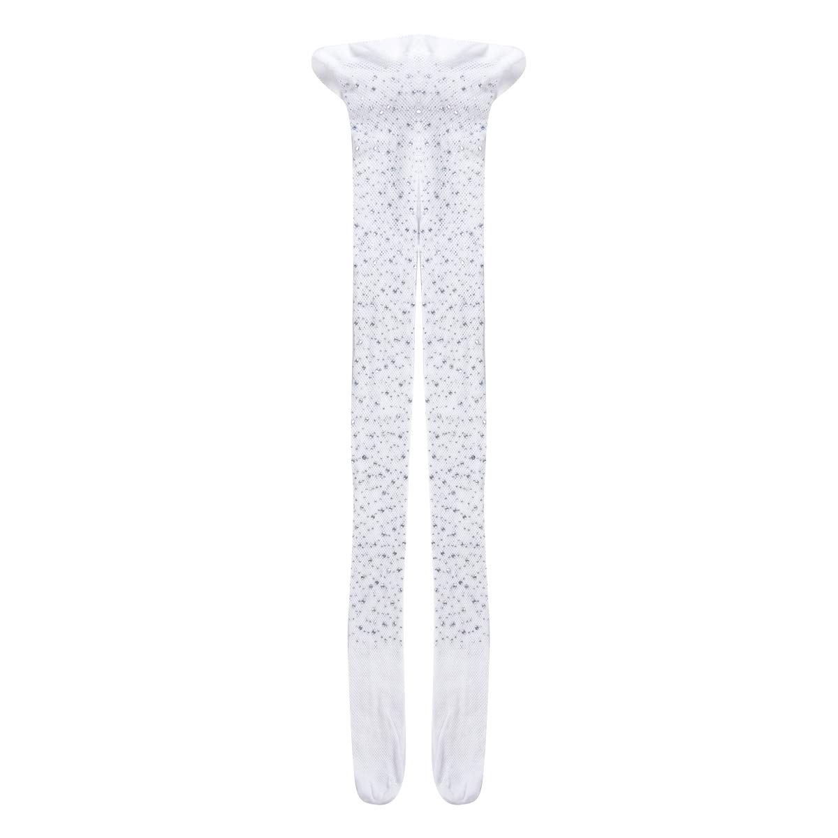 Springcmy Girls' Sparkle Glitter Rhinestone Fishnet Tights - Hollow Out Pantyhose for Kids (White, Large) | Perfect for Dance, Parties & Dress-Up