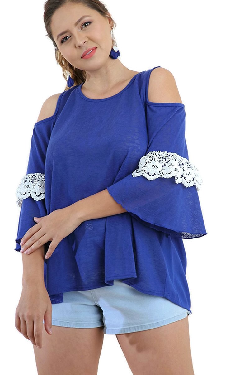 Umgee Women's Open Shoulder Layered Crochet Ruffle Sleeve Blouse | Boho Chic Summer Tops for Beach, Vacation & Casual Outings