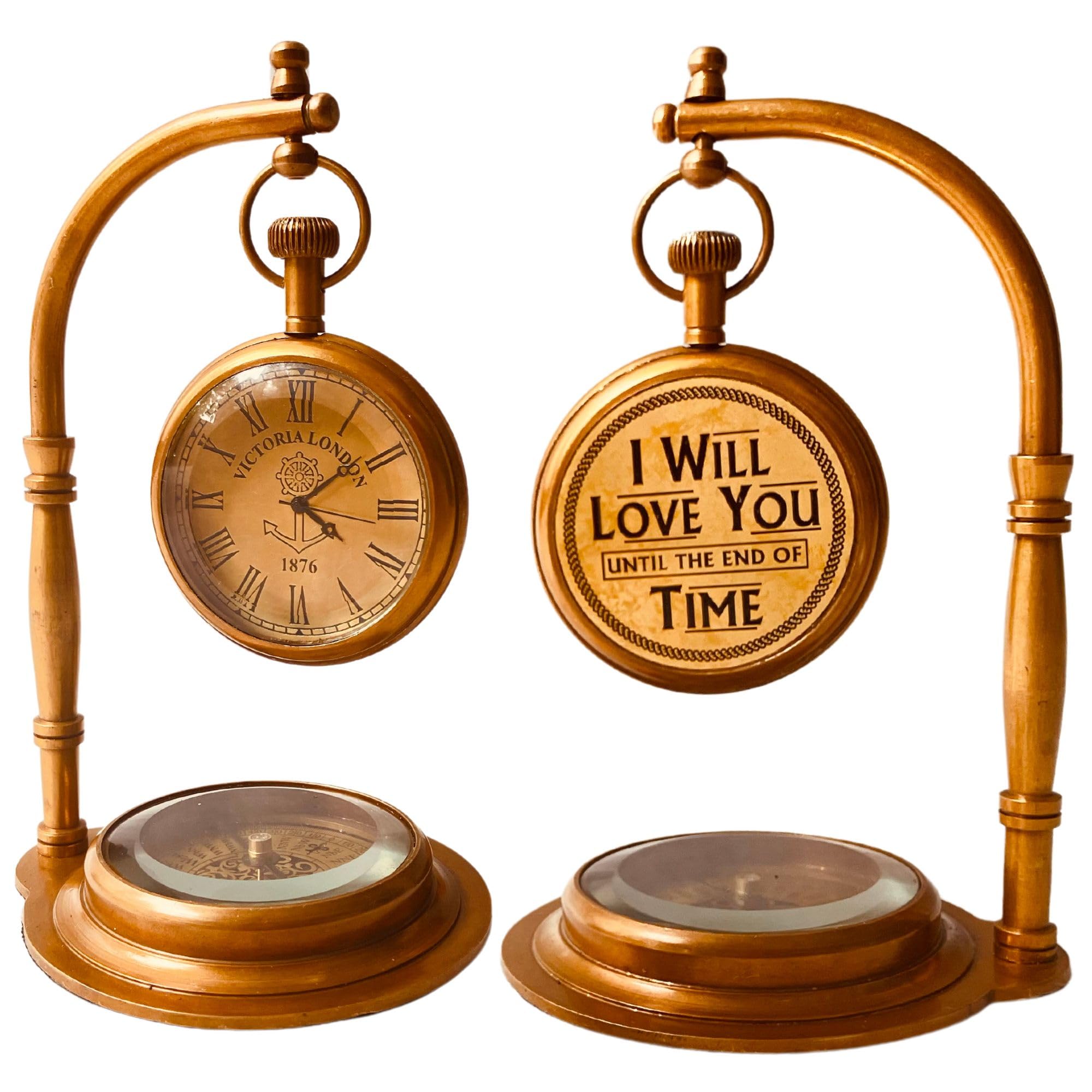 Vintage Brass Table Clock with Compass - Romantic Mechanical Desk Clock for Home & Office Decor | Perfect Birthday & Wedding Gift for Boyfriend/Husband | Classic Home Decor for Living Room, Bedroom & Study | Love You Engraved