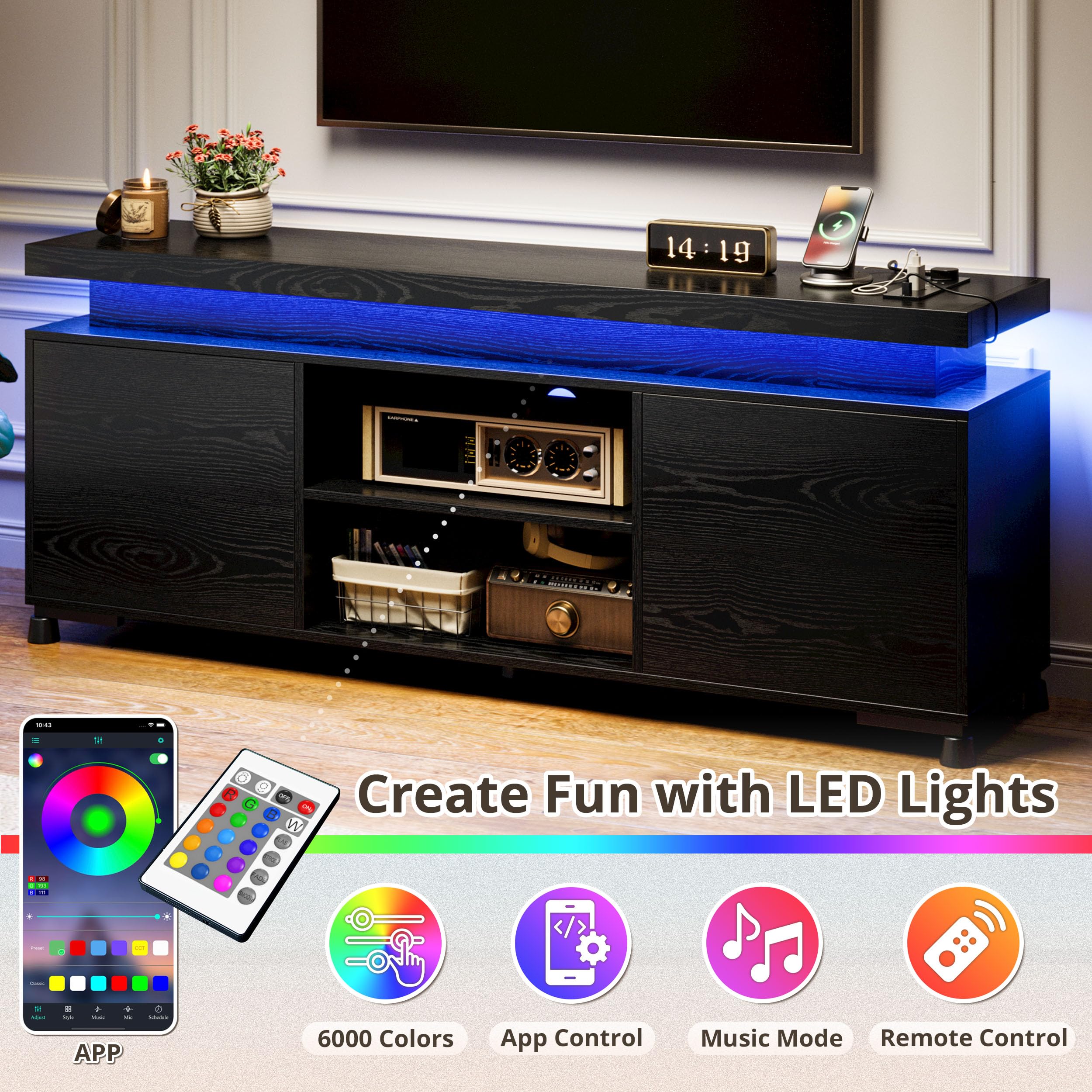 IRONCK 65+ Inch TV Stand with LED Lights & Power Outlet - Modern Entertainment Center with Storage Cabinet for Living Room | Perfect for Home Theater & Media Organization