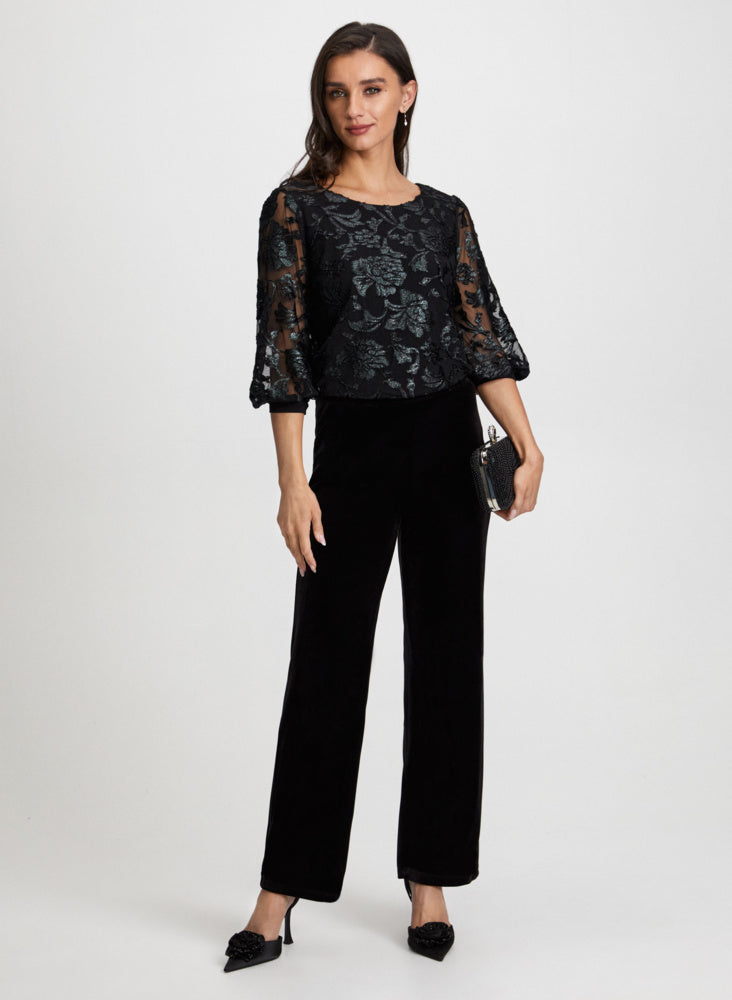 Floral Mesh Top & Velour Pants Set - Women's Fashion Loungewear for Casual Outings and Home Comfort