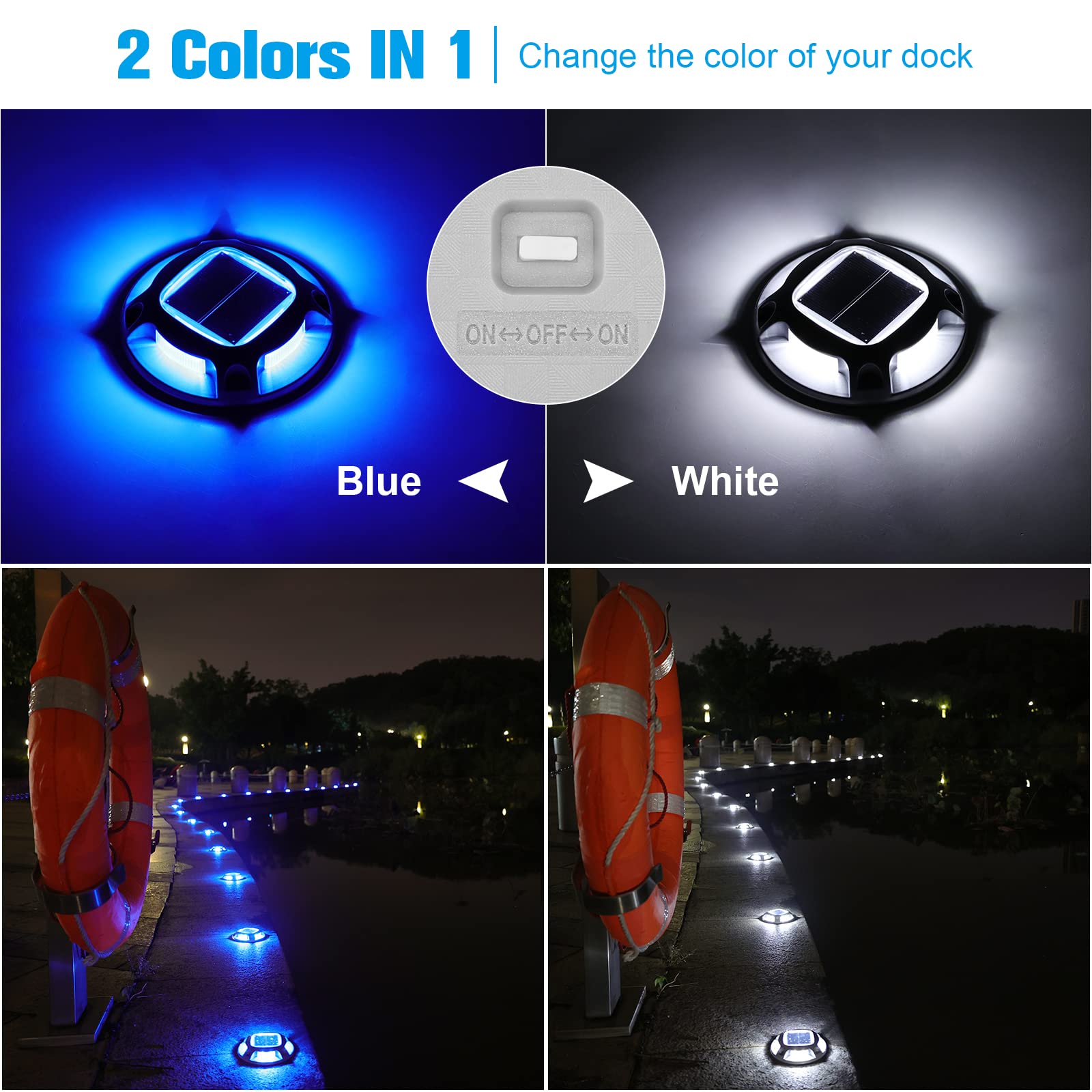 VOLISUN 8-Pack Solar Powered Outdoor LED Pathway Lights - Waterproof Marine Deck Lights with White/Blue Dual Colors for Driveway, Dock, Sidewalk, Garden & Landscape Lighting