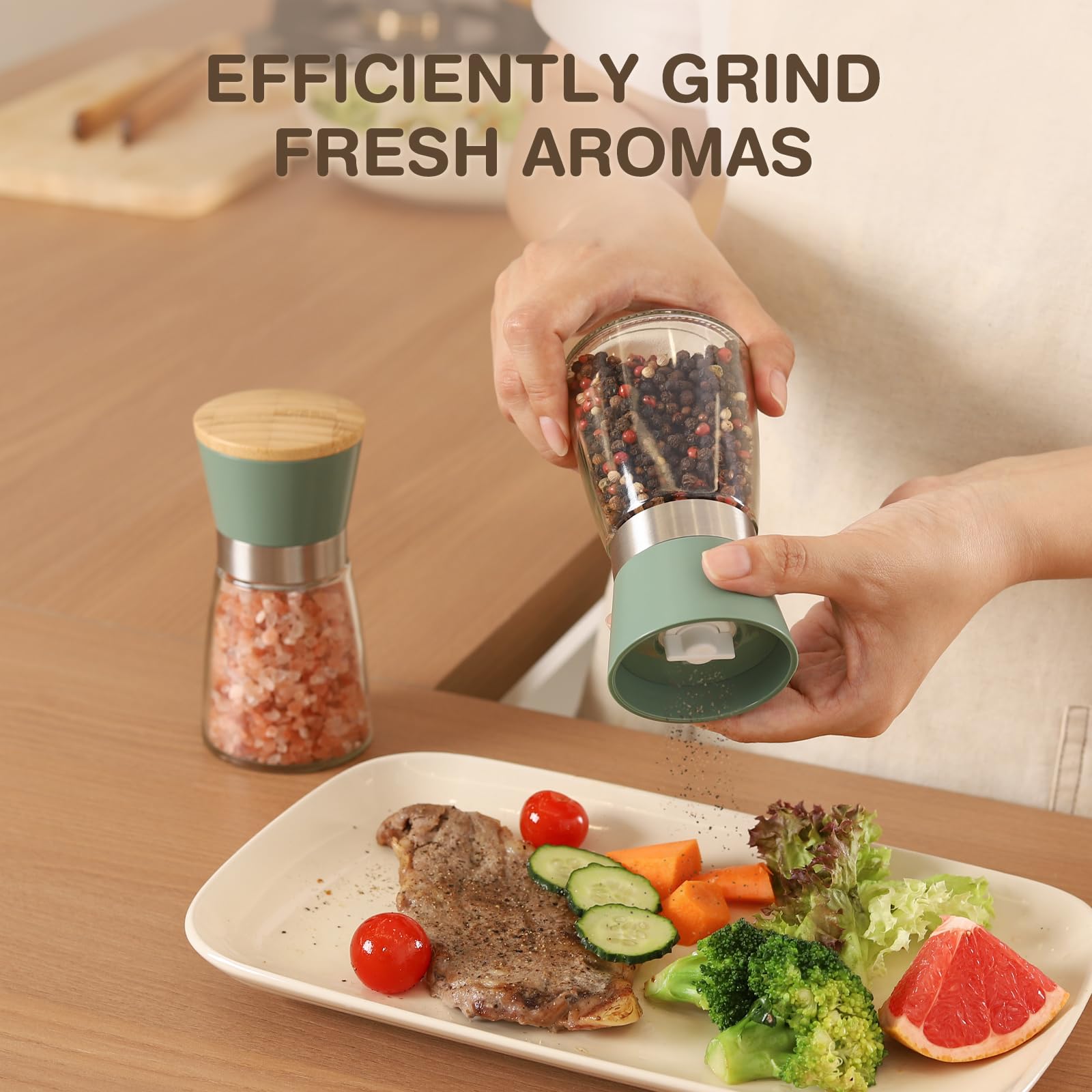 Premium Bamboo Salt and Pepper Grinder Set - Adjustable Ceramic Burr Mill for Coarse to Fine Seasoning - Refillable Manual Kitchen Shakers (Green) - Perfect for Cooking, Dining & Gourmet Gift Giving